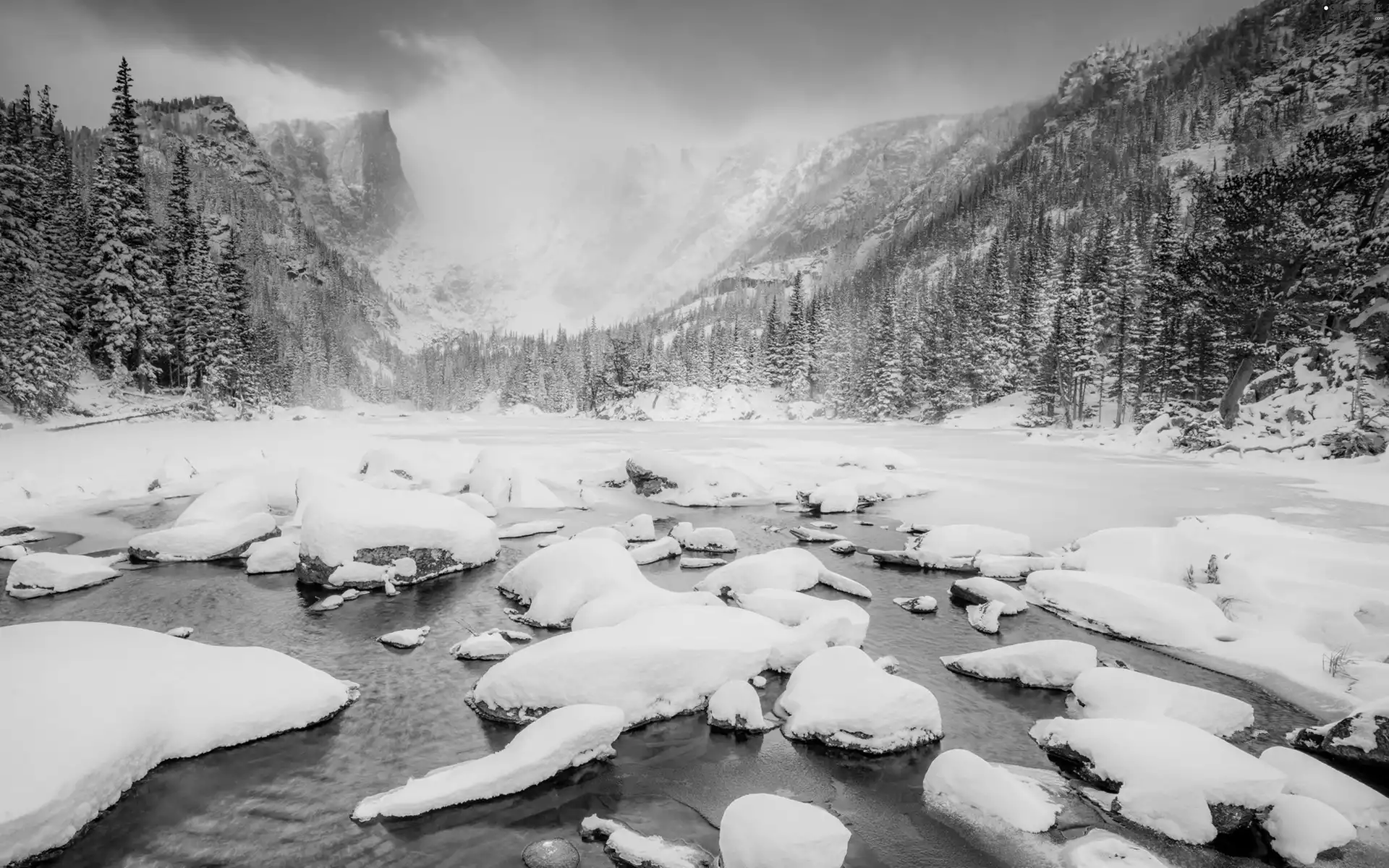 trees, Great Sunsets, River, winter, viewes, Mountains