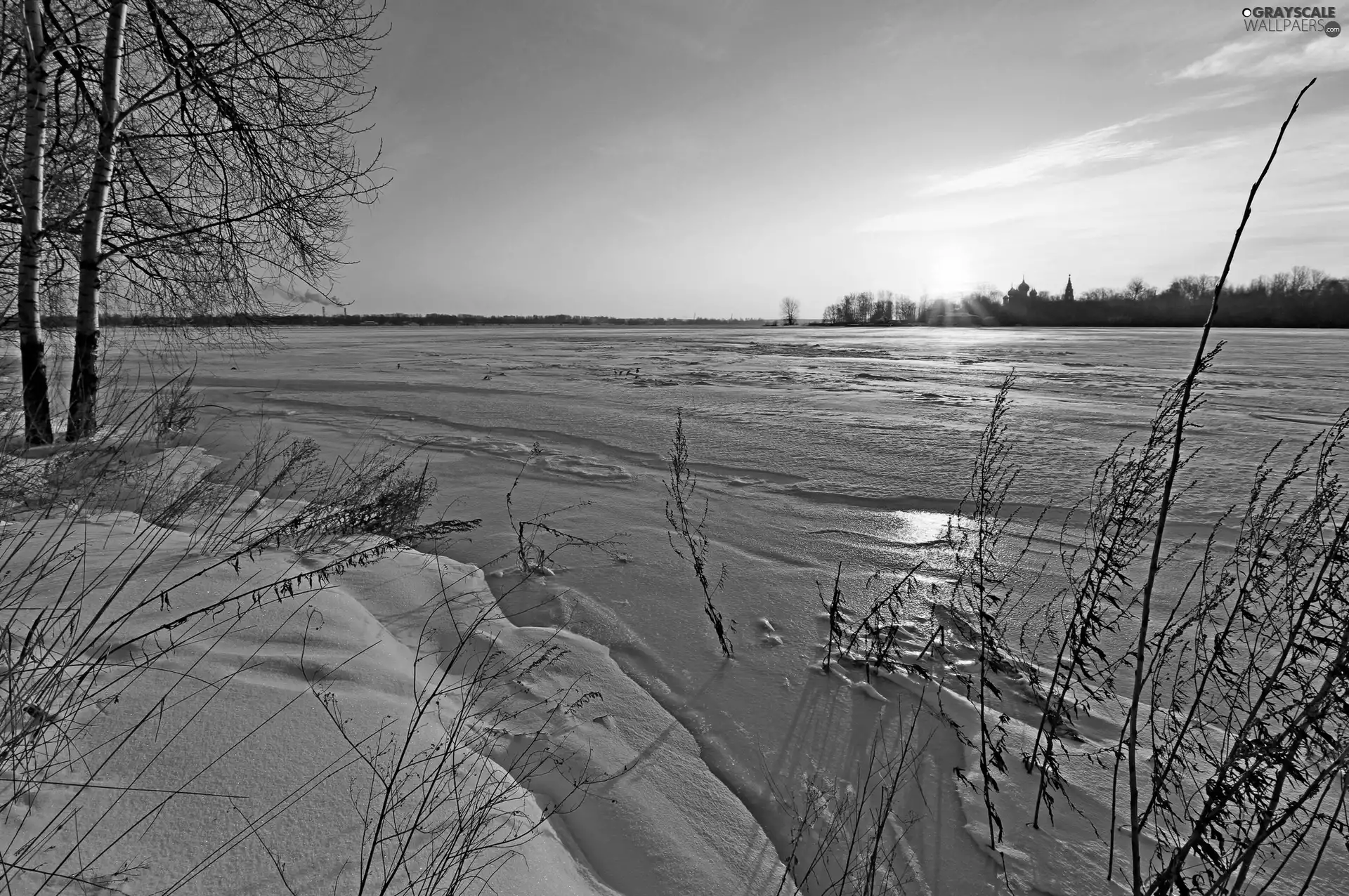 trees, snow, sun, lake, west