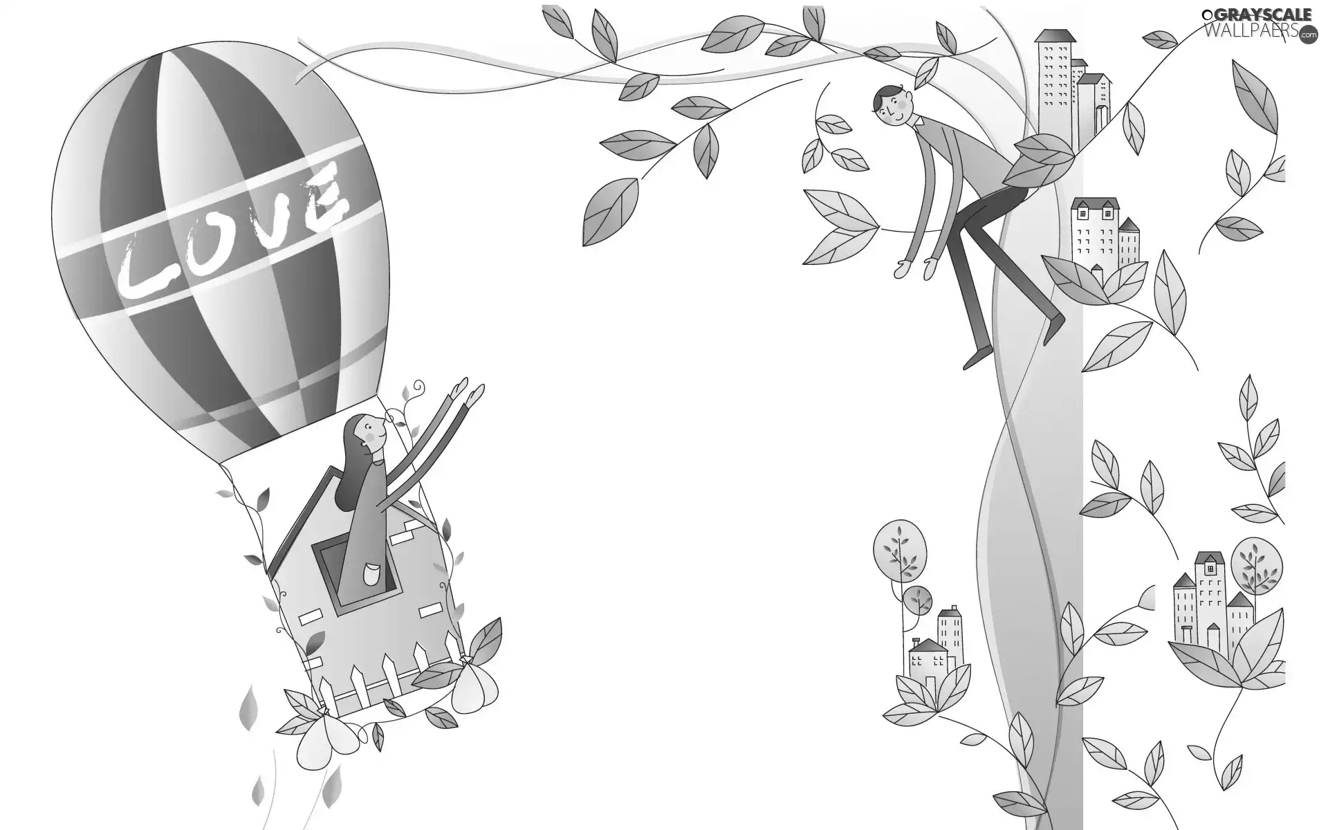 trees, Drawing, lovers, Balloon, Steam