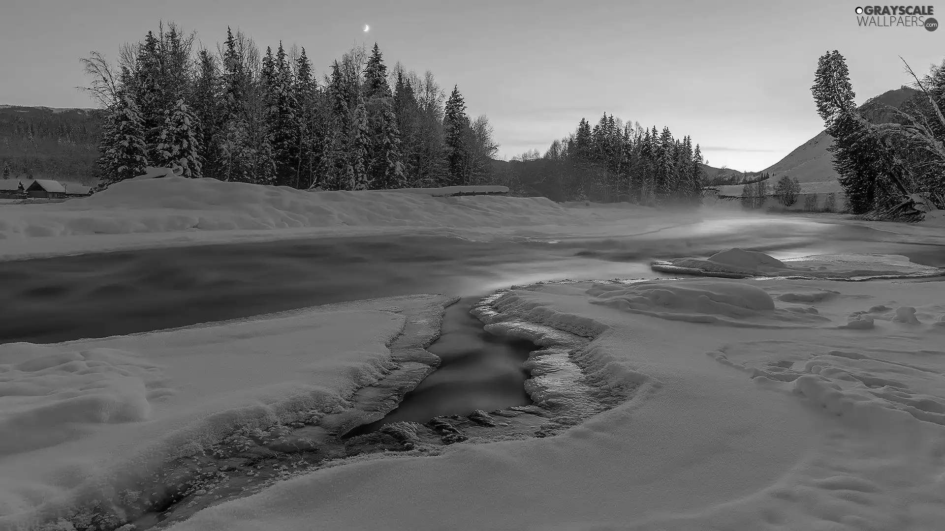 viewes, River, Sunrise, trees, winter, Houses, moon