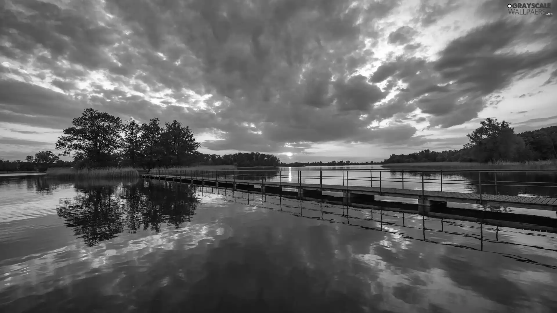 bridge, Great Sunsets, trees, viewes, clouds, lake