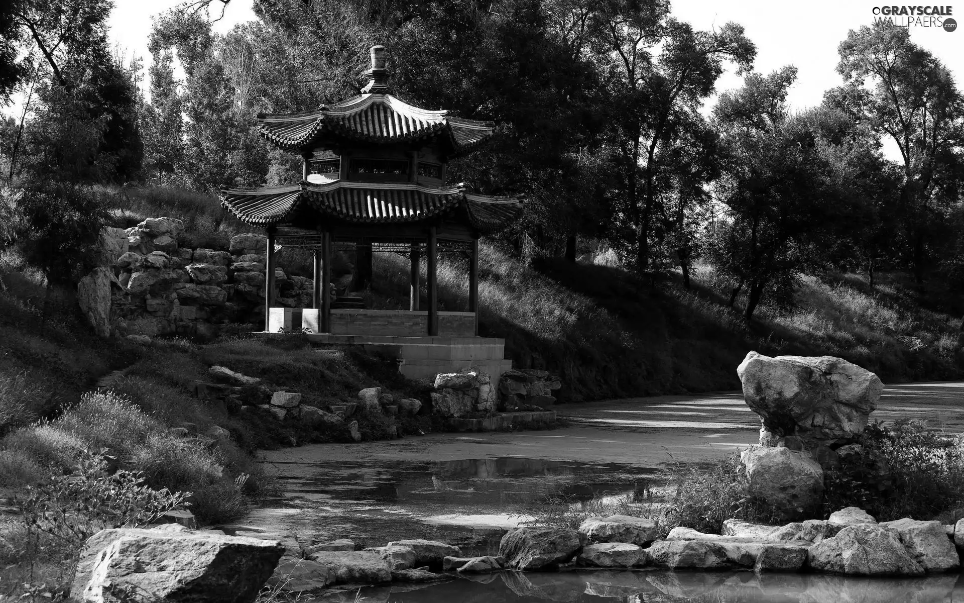 trees, Park, Pond - car, Stones, viewes, arbour