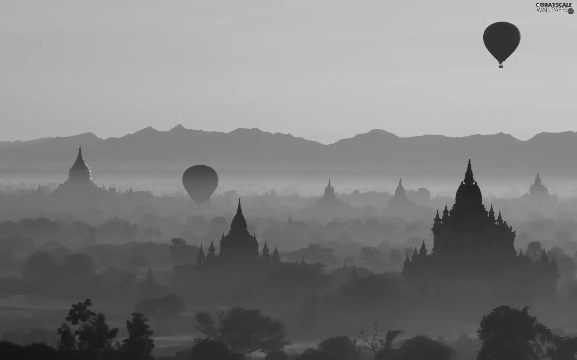 trees, viewes, Fog, Balloons, buildings