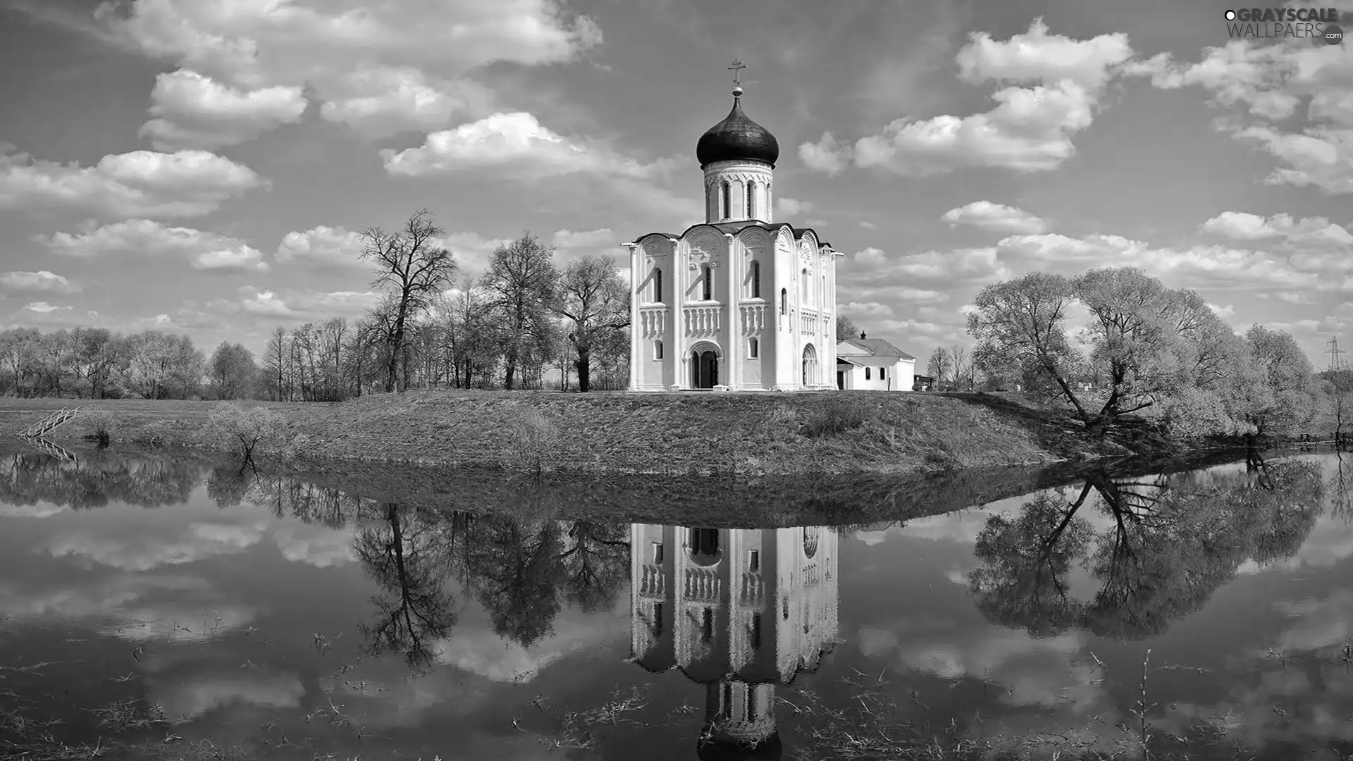 trees, viewes, water, clouds, Cerkiew