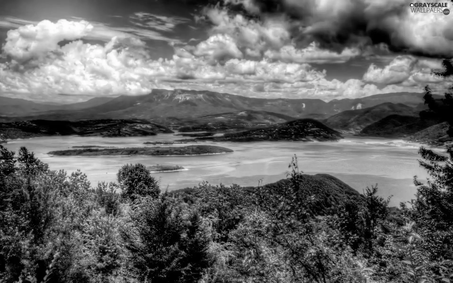 trees, viewes, Mountains, lake, clouds