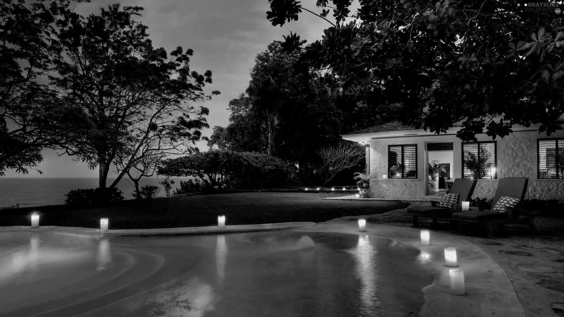 trees, viewes, house, Pool, Floodlit