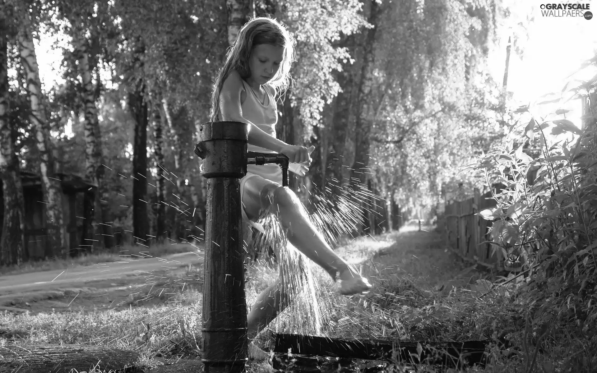 trees, viewes, Pump, water, girl