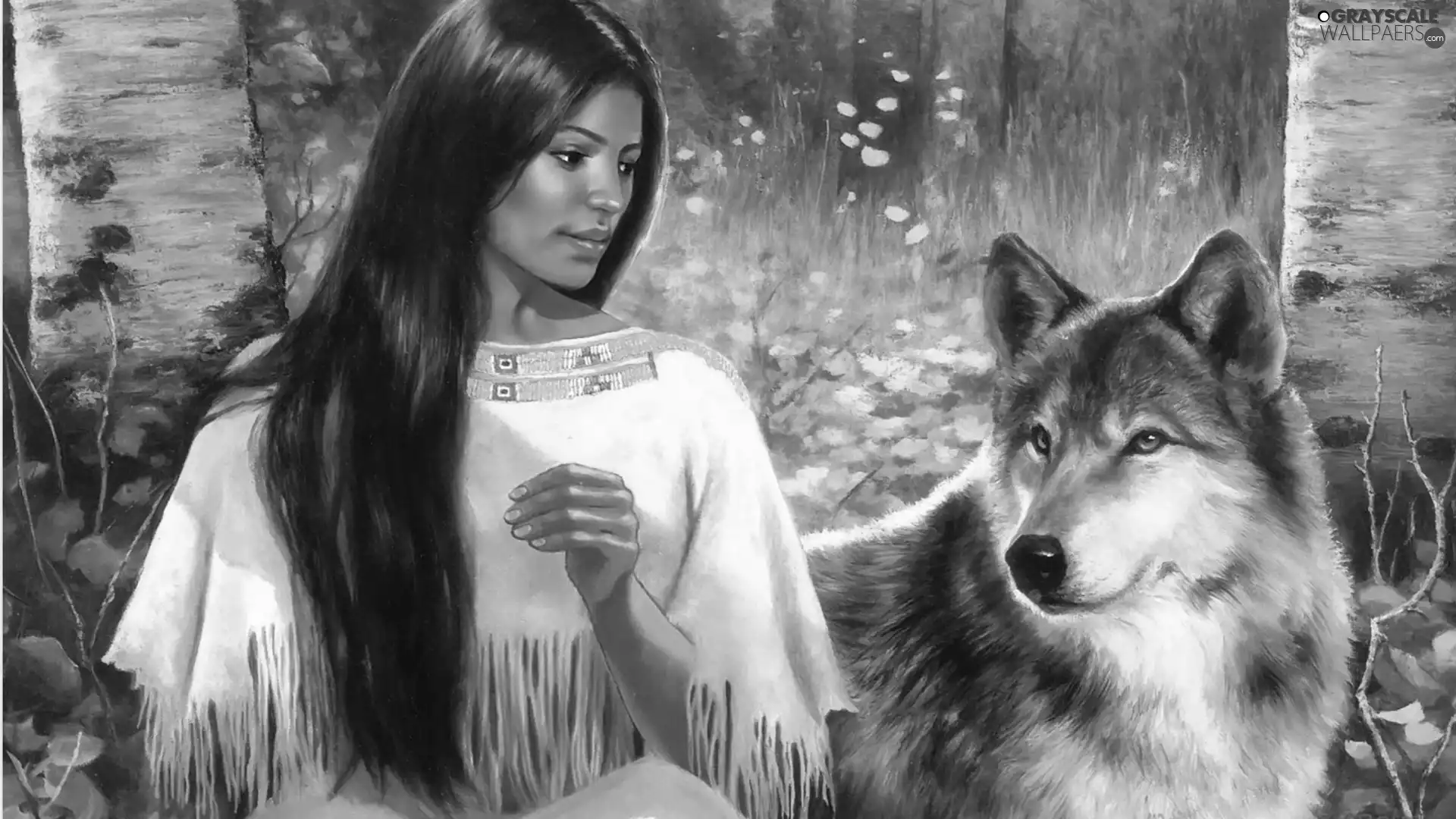 trees, viewes, Indian, Wolf, girl