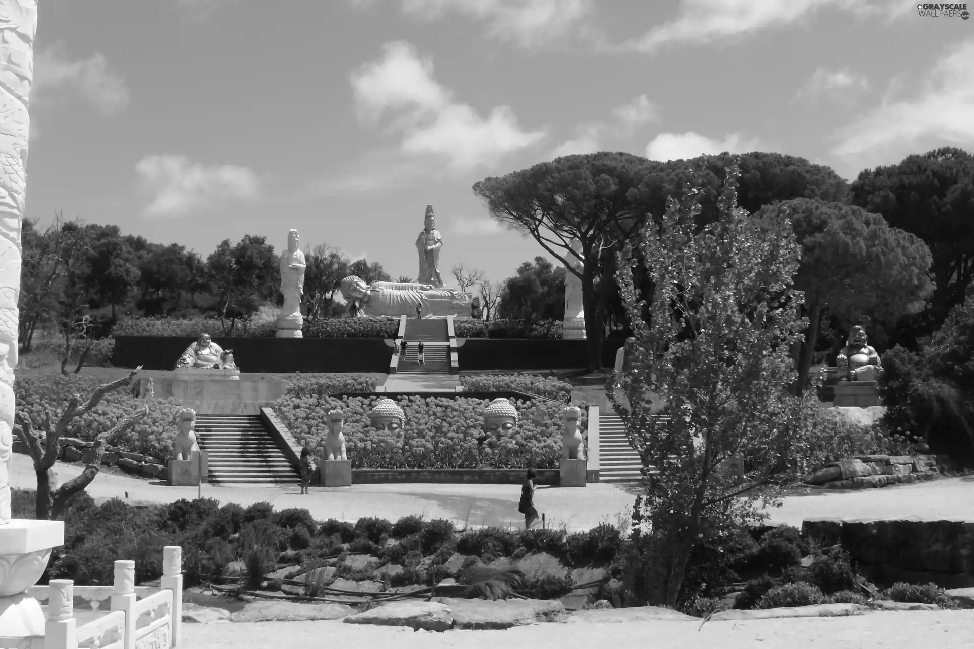 trees, viewes, statues, temple, Park