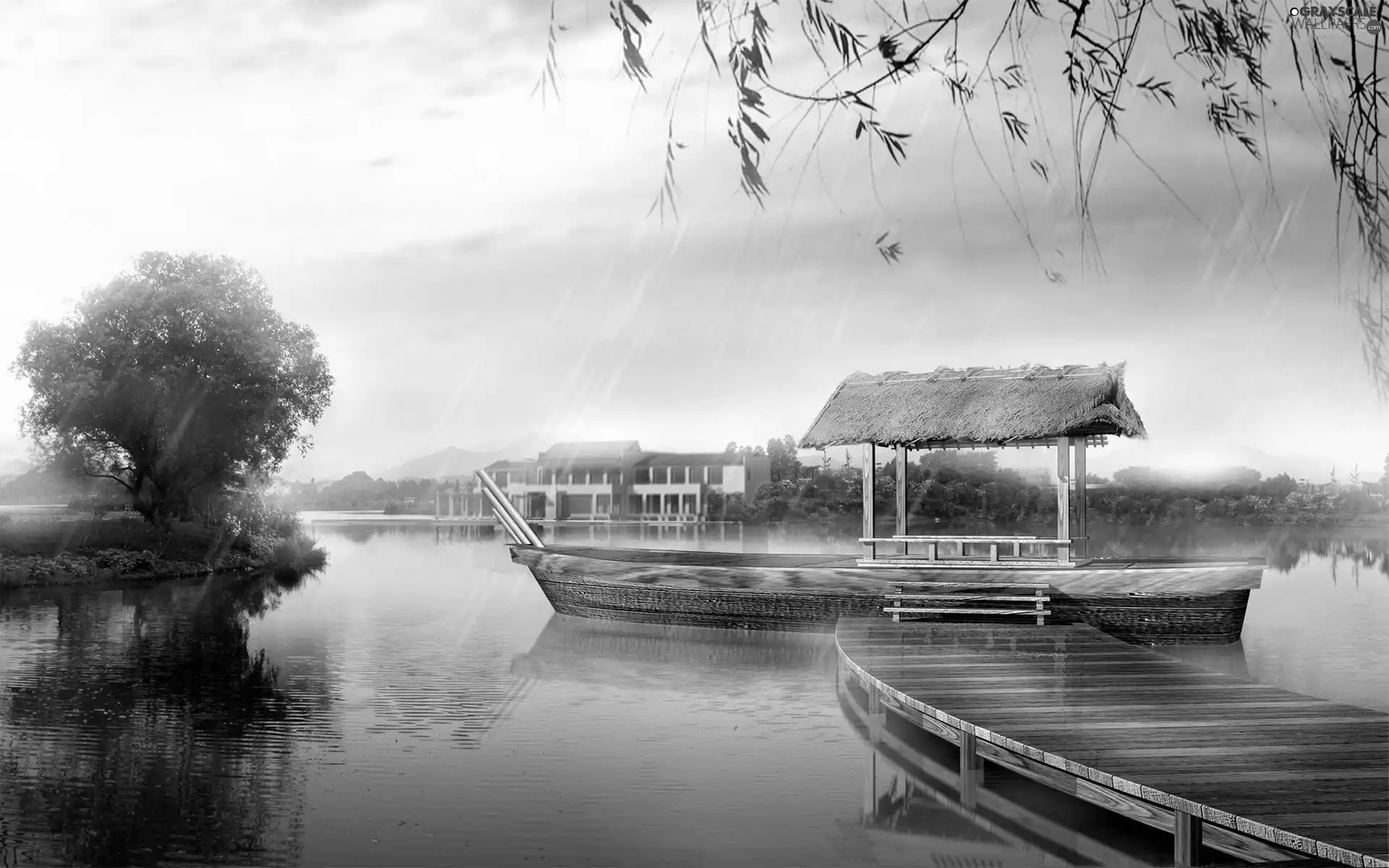 roofing, lake, trees, viewes, Rain, Platform