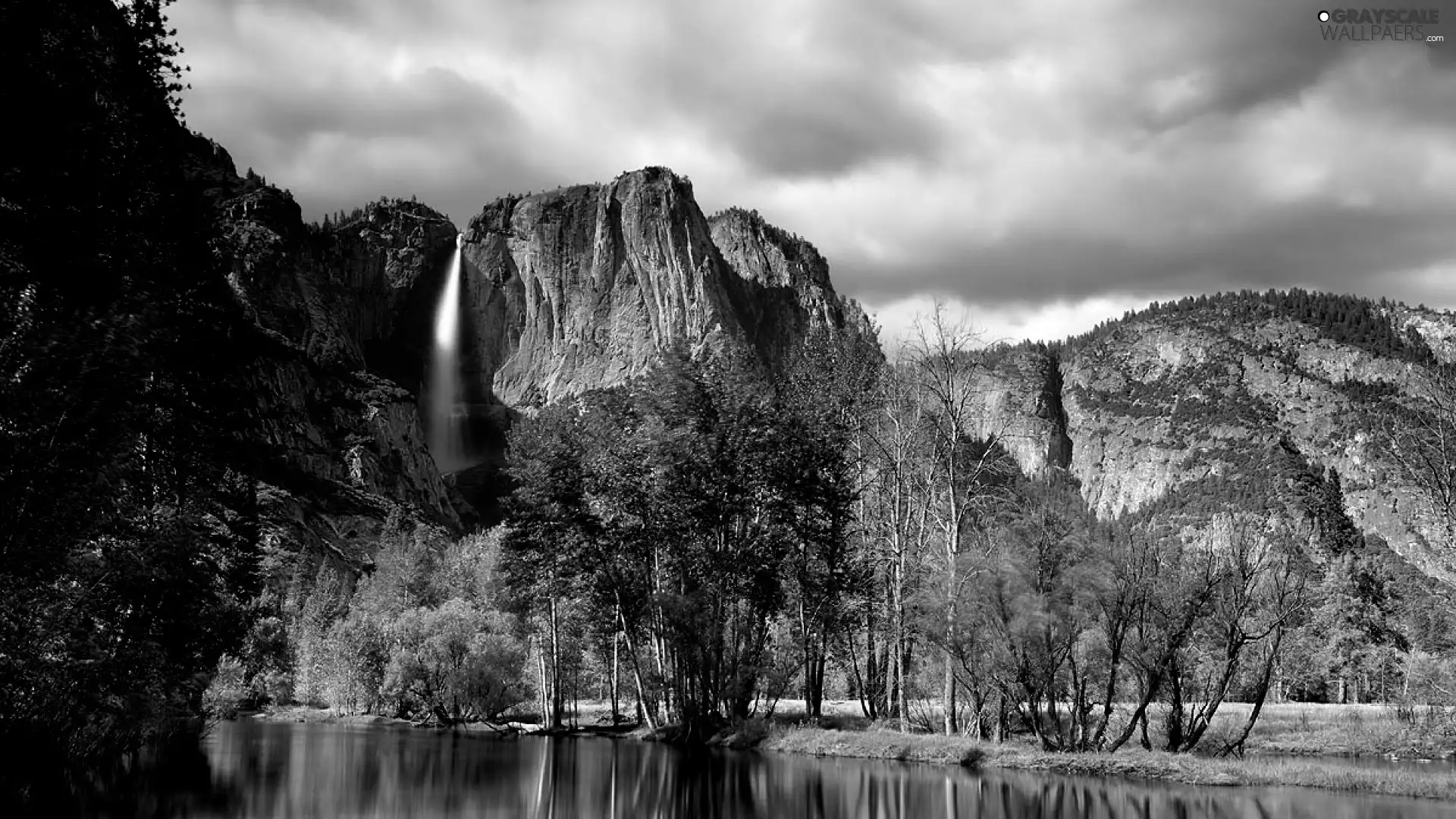 trees, viewes, waterfall, lake, rocks