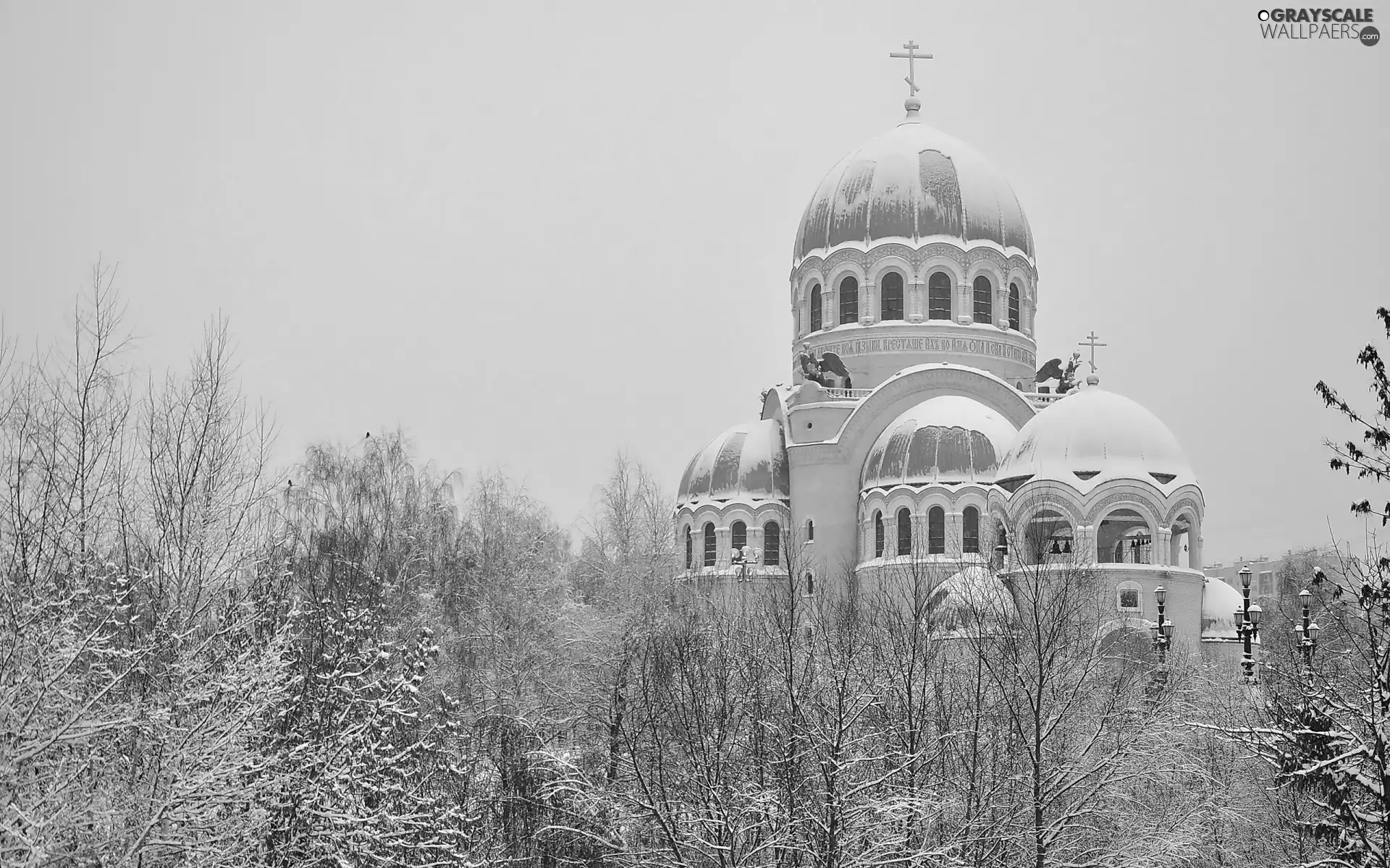 winter, Cerkiew, trees, viewes, snow, Domes