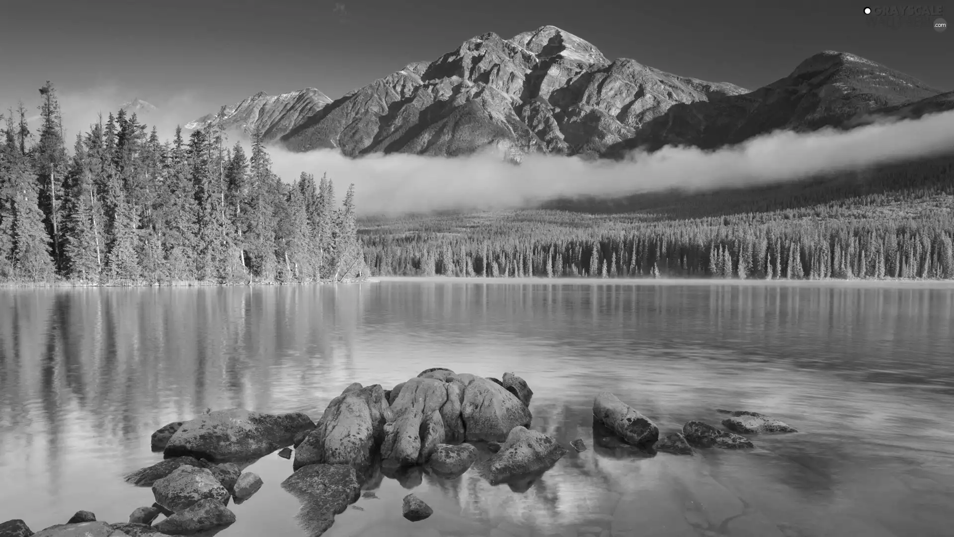 water, Mountains, trees, viewes, Stones, Fog