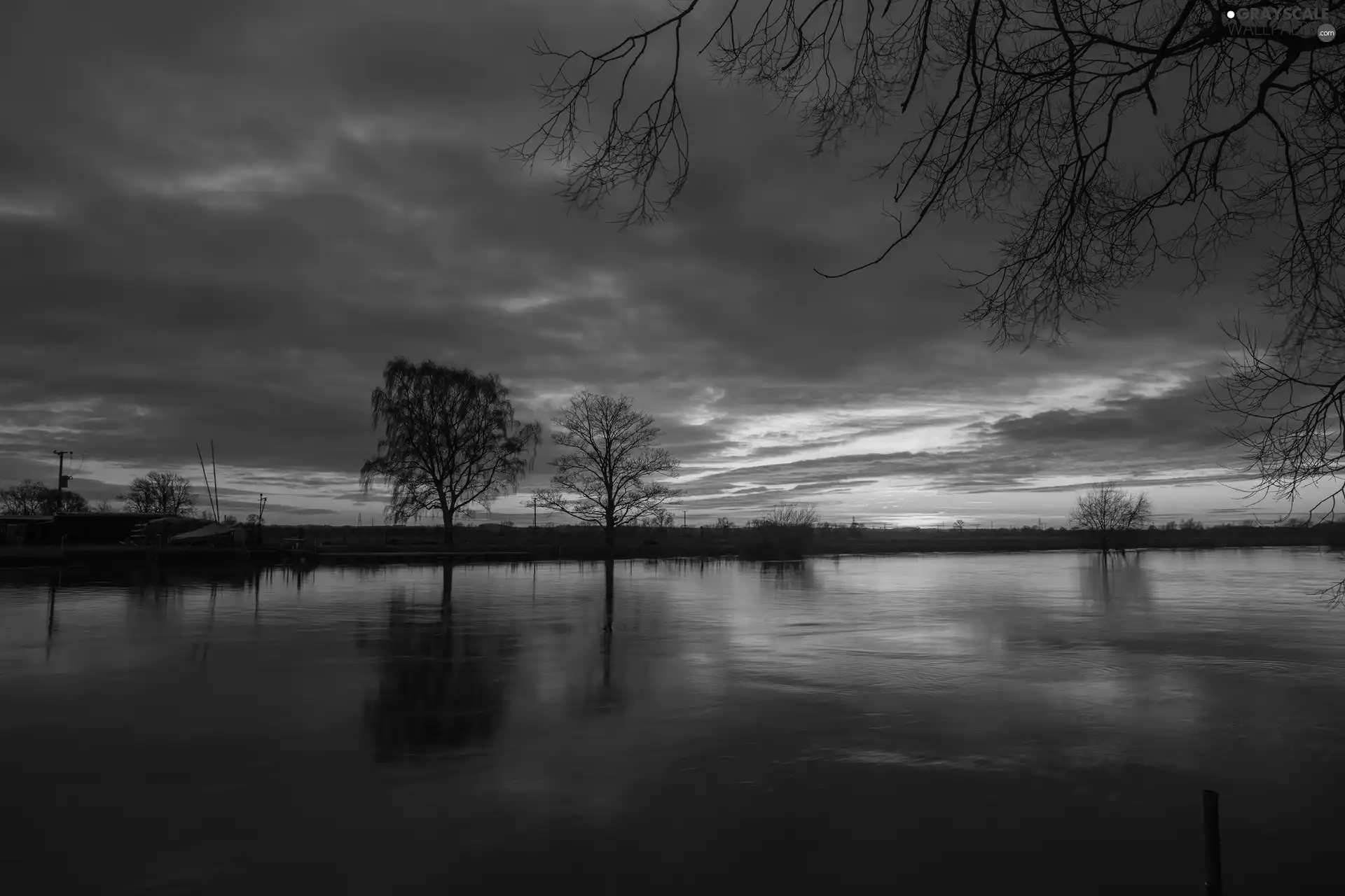 west, lake, trees, viewes, sun, clouds