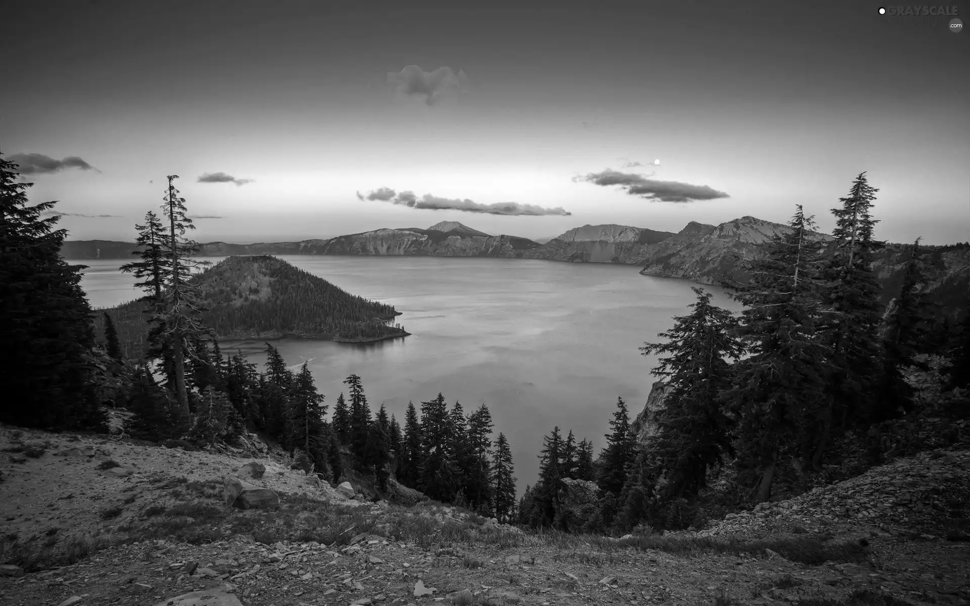 trees, viewes, Islet, Great Sunsets, lake