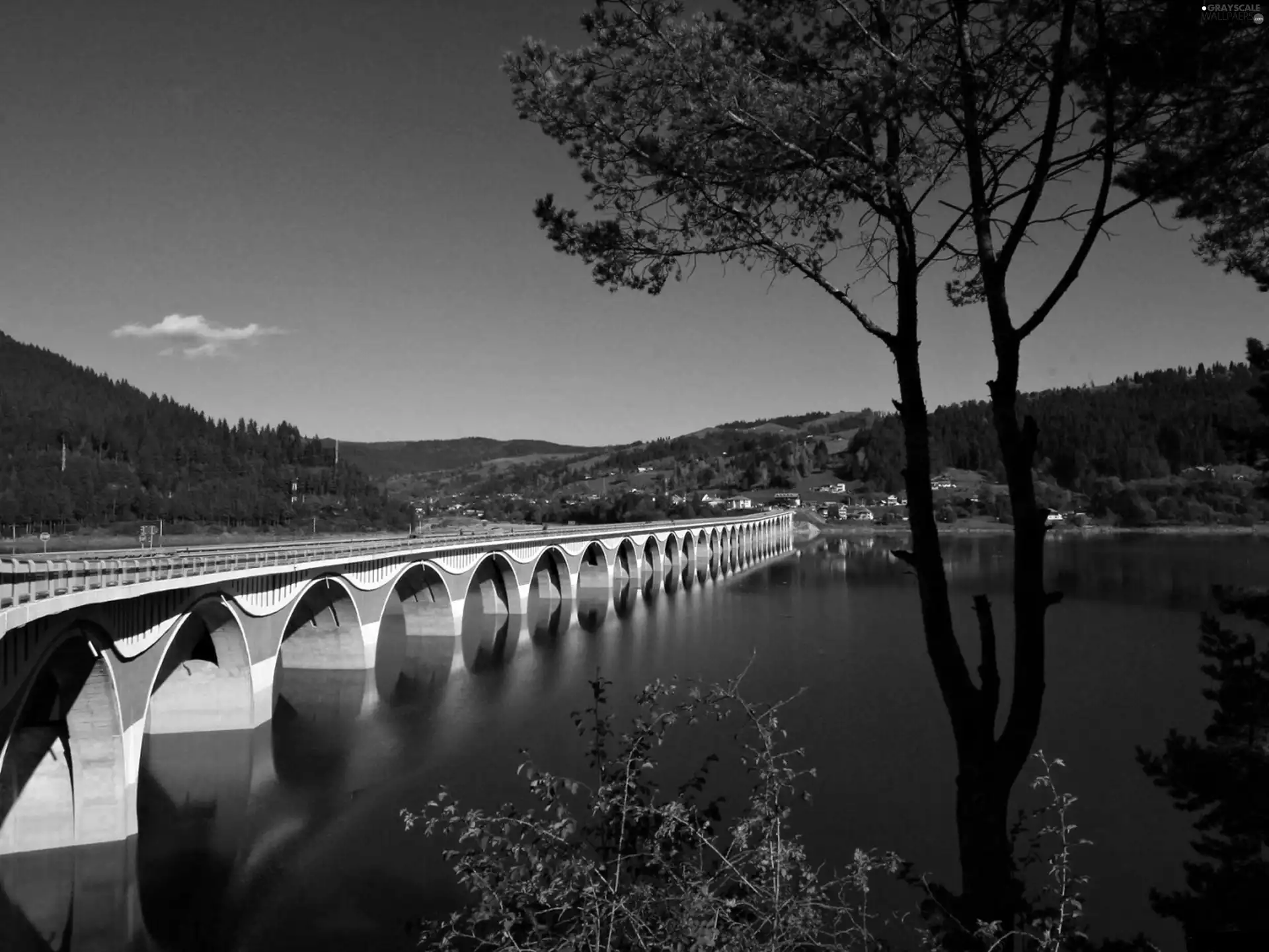 sun, bridge, viewes, luminosity, Town, River, trees, shadow, flash, ligh