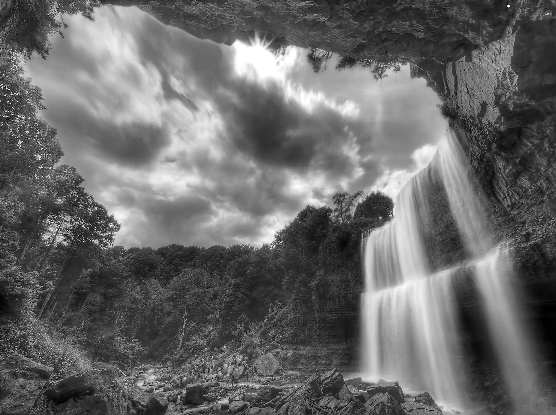 trees, viewes, rocks, clouds, waterfall