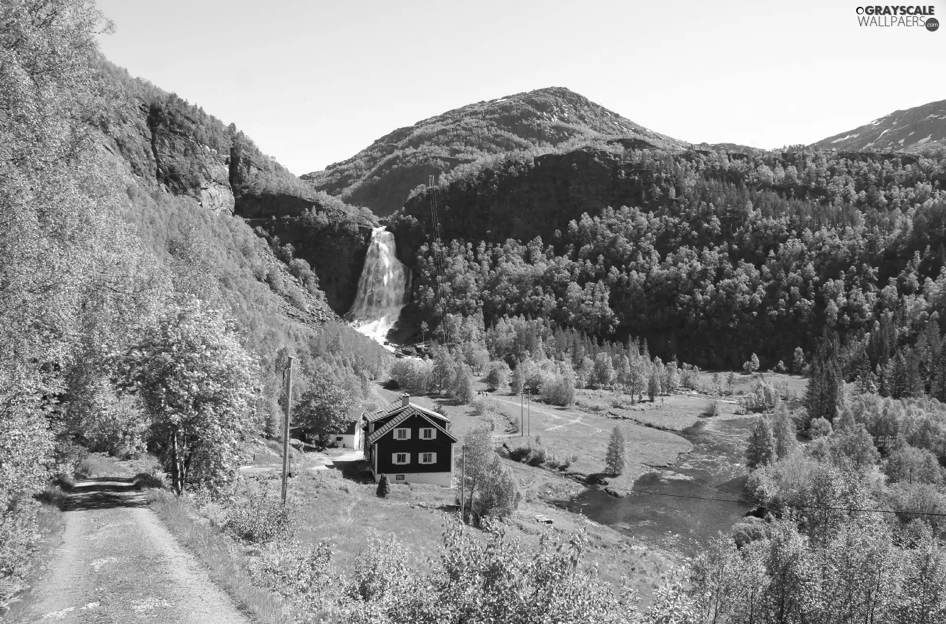 trees, viewes, Mountains, waterfall, Way