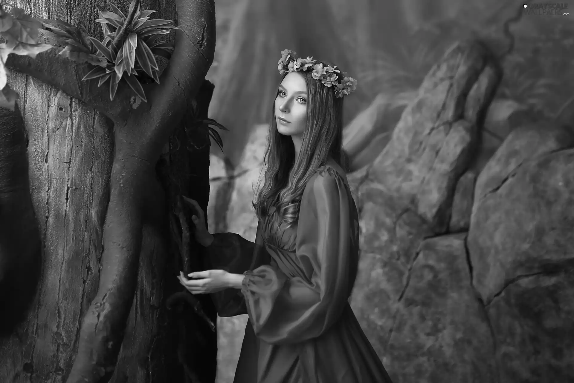 The look, Women, dress, wreath, longhaired, Pink, trees