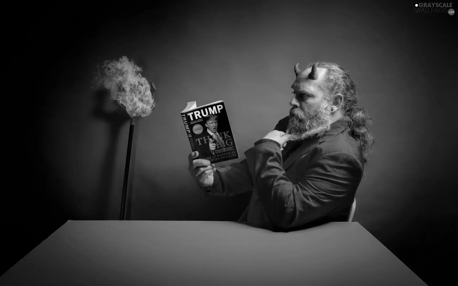 trident, Book, horns, torch, a man
