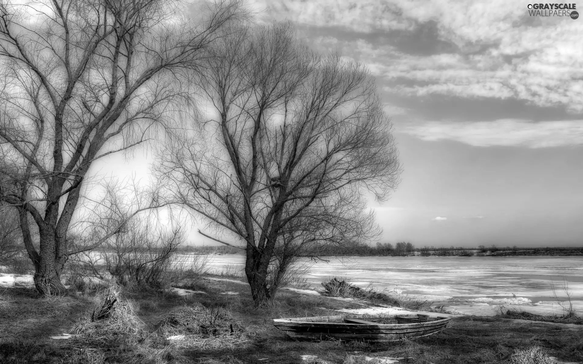 viewes, River, bath-tub, clouds, winter, trees