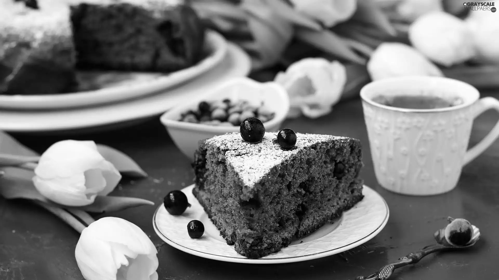 blueberries, plate, Cup, White, coffee, piece, cake, Tulips