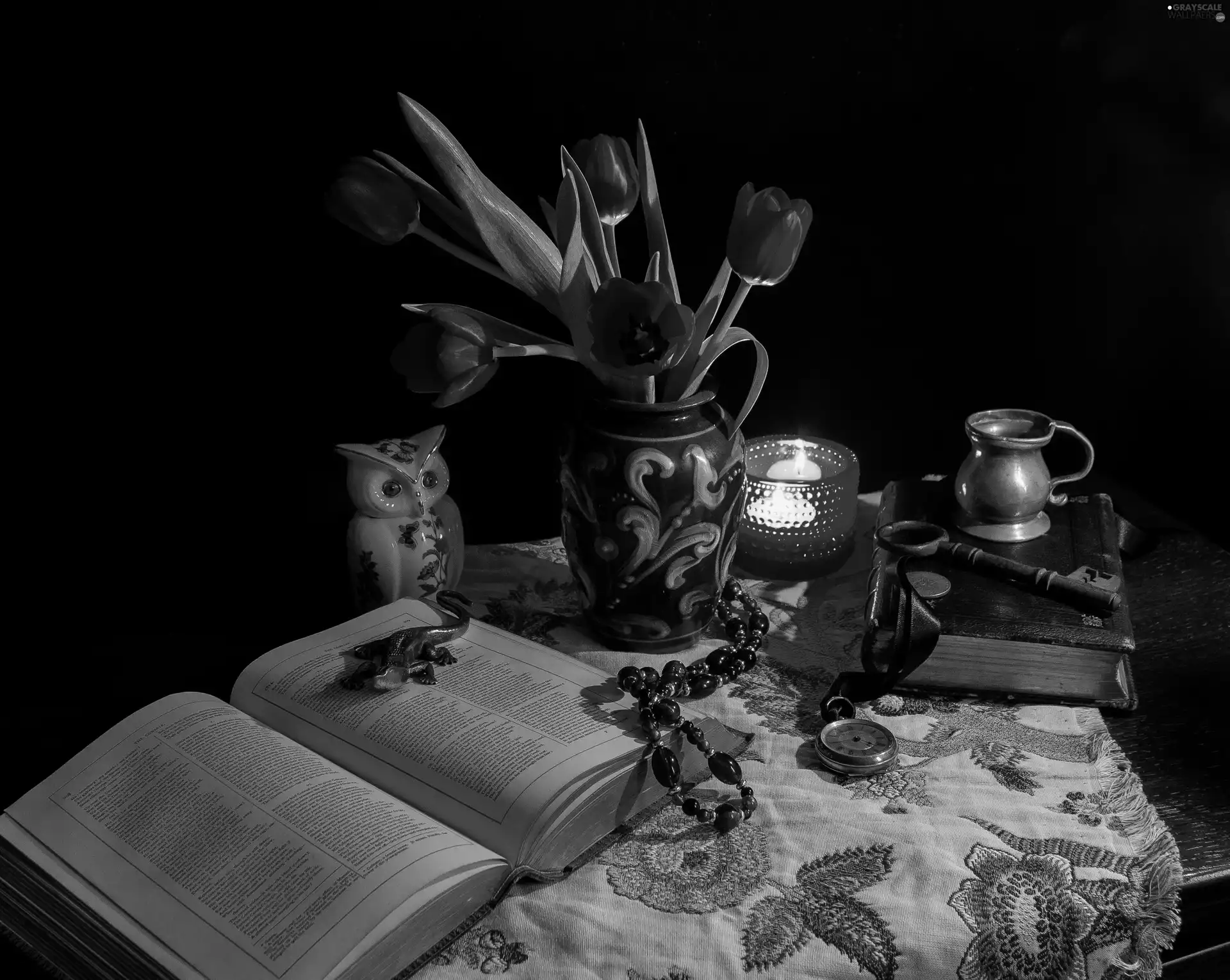 Books, composition, Tulips, candle, Candle, table