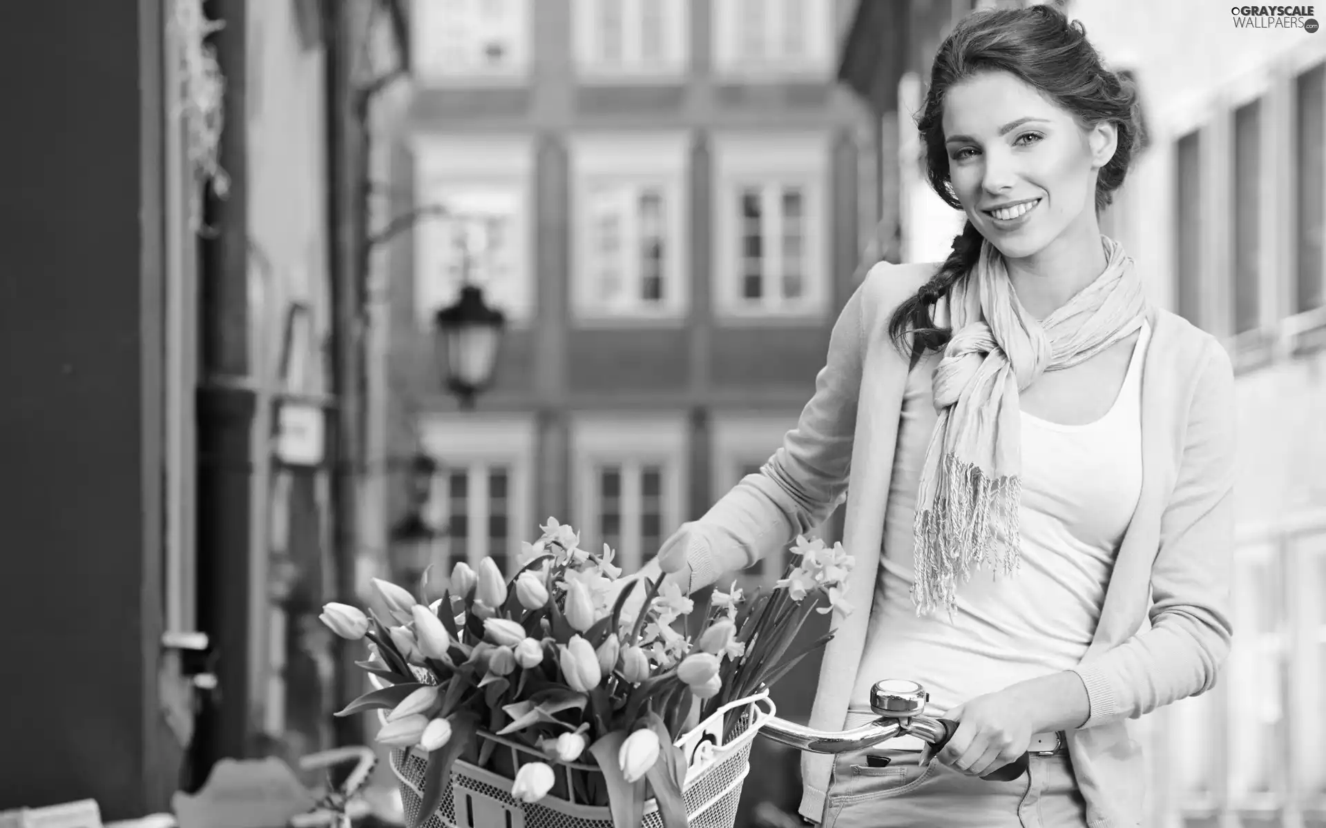 bouquet, girl, Street, Bike, smiling, tulips, Town