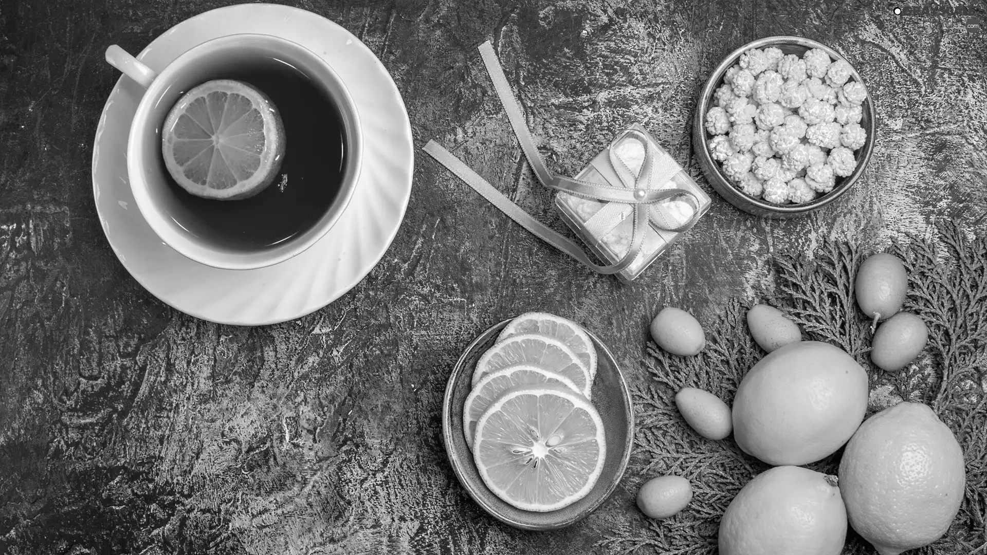 Present, tea, lemons, Twigs, Cookies, cup