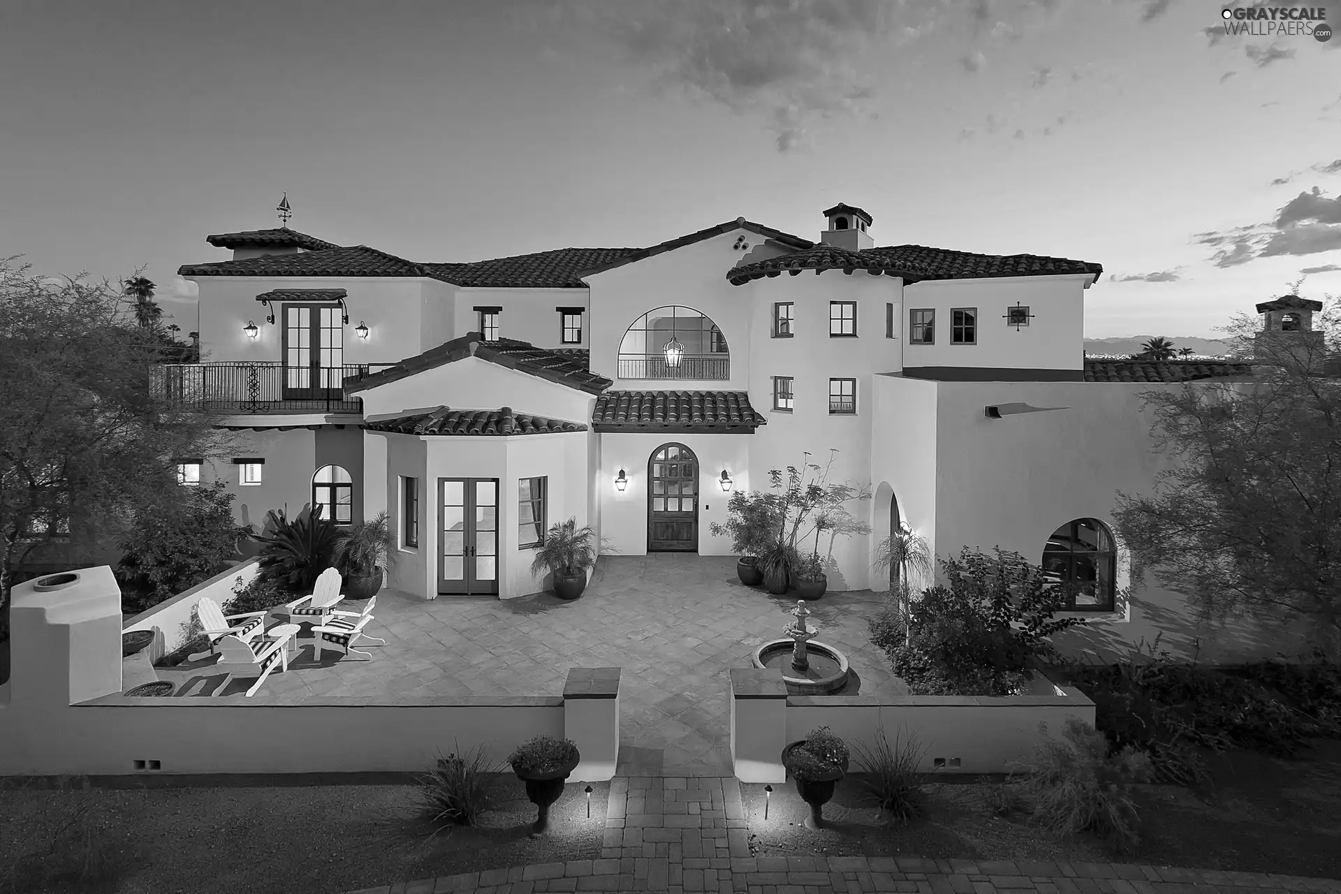 Floodlit, villa, twilight, house