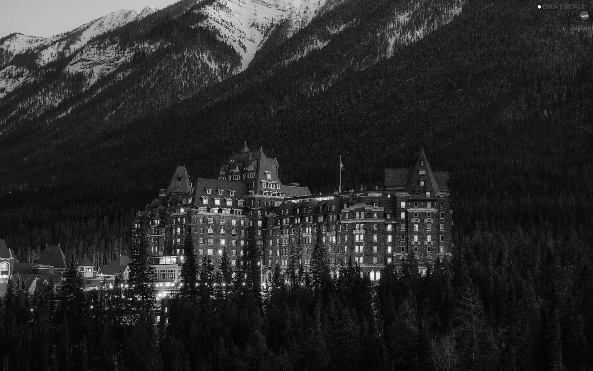 Mountains, Hotel hall, twilight, woods