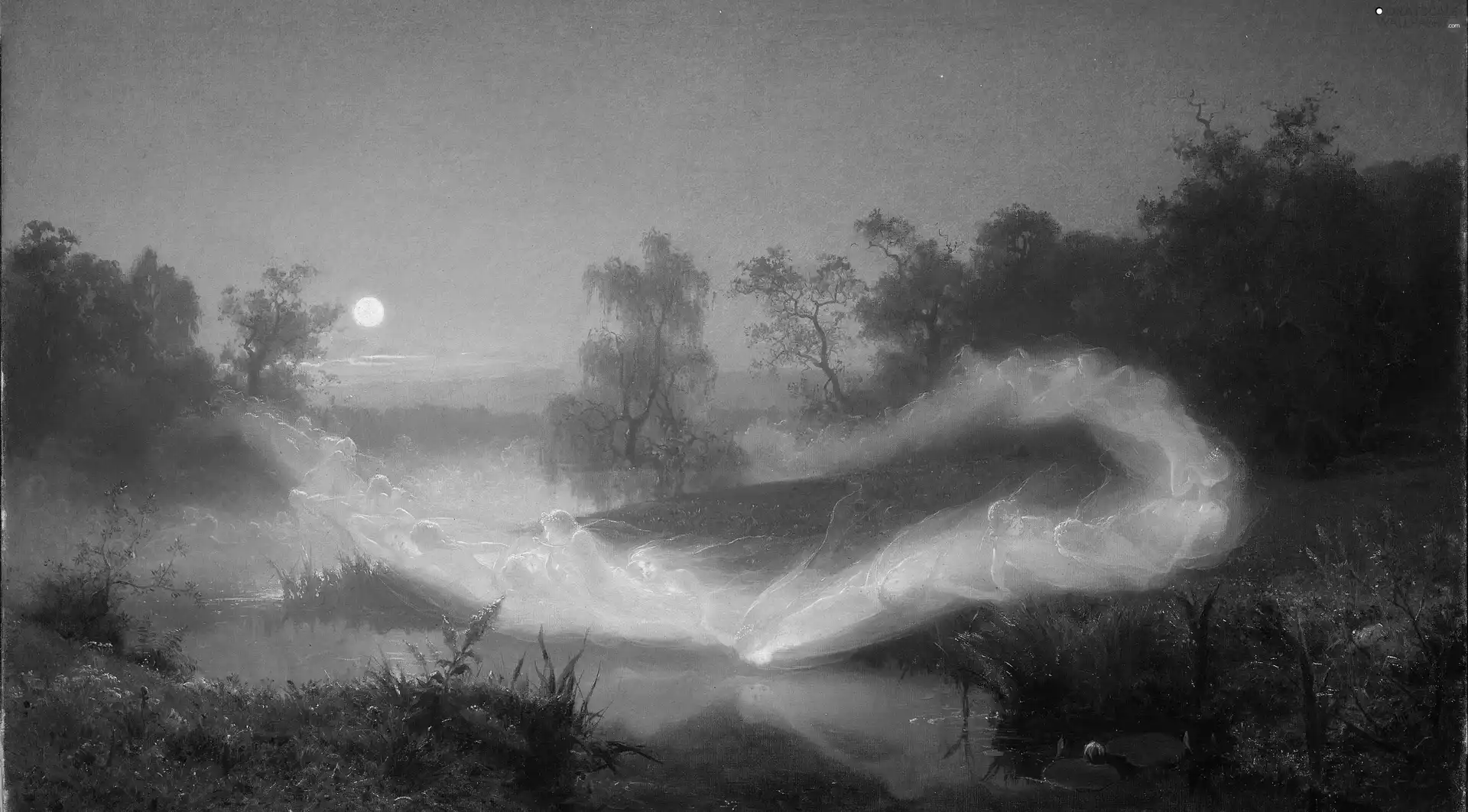 River, elves, painting, twilight, August Malmström