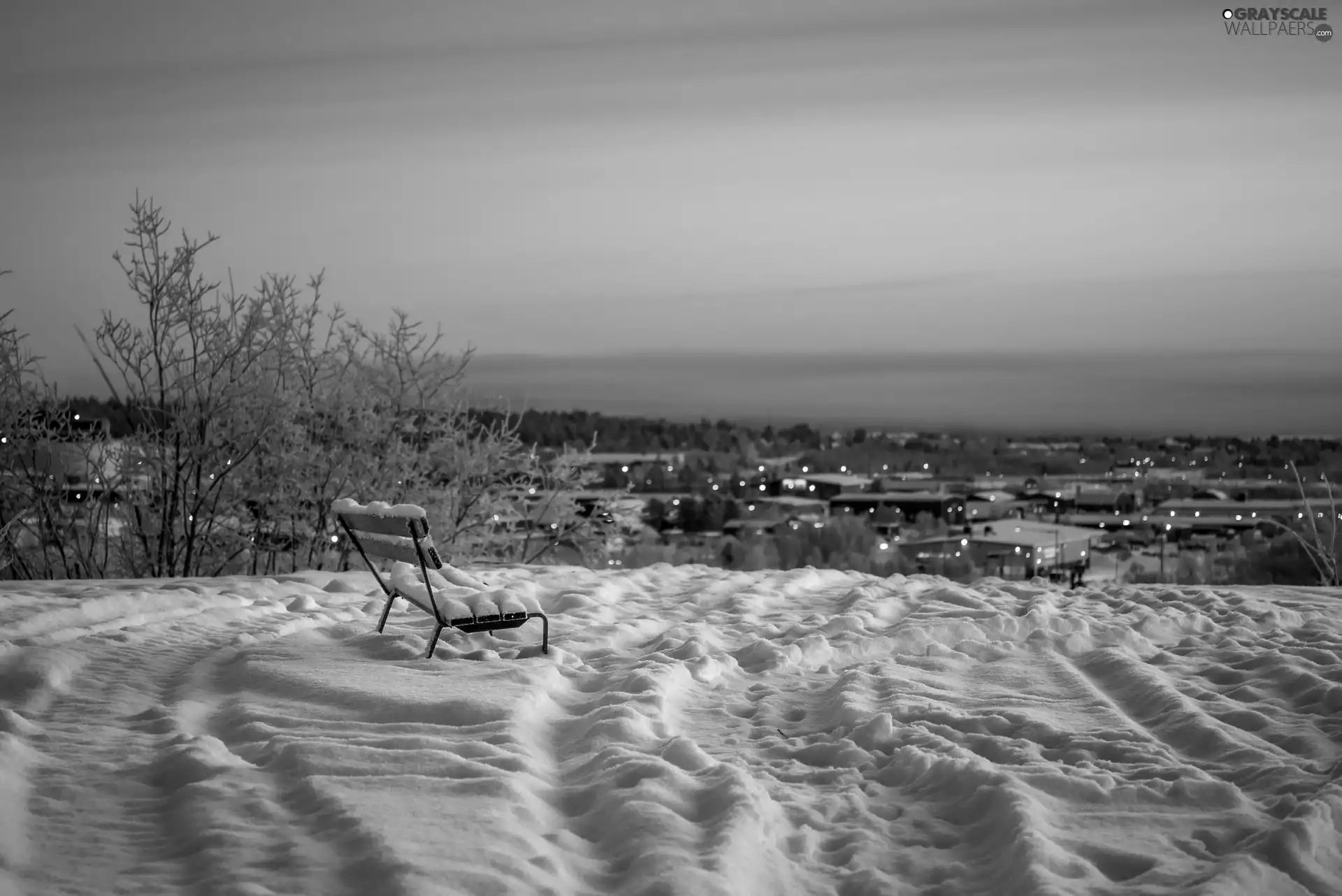 winter, Hill, Bench, twilight