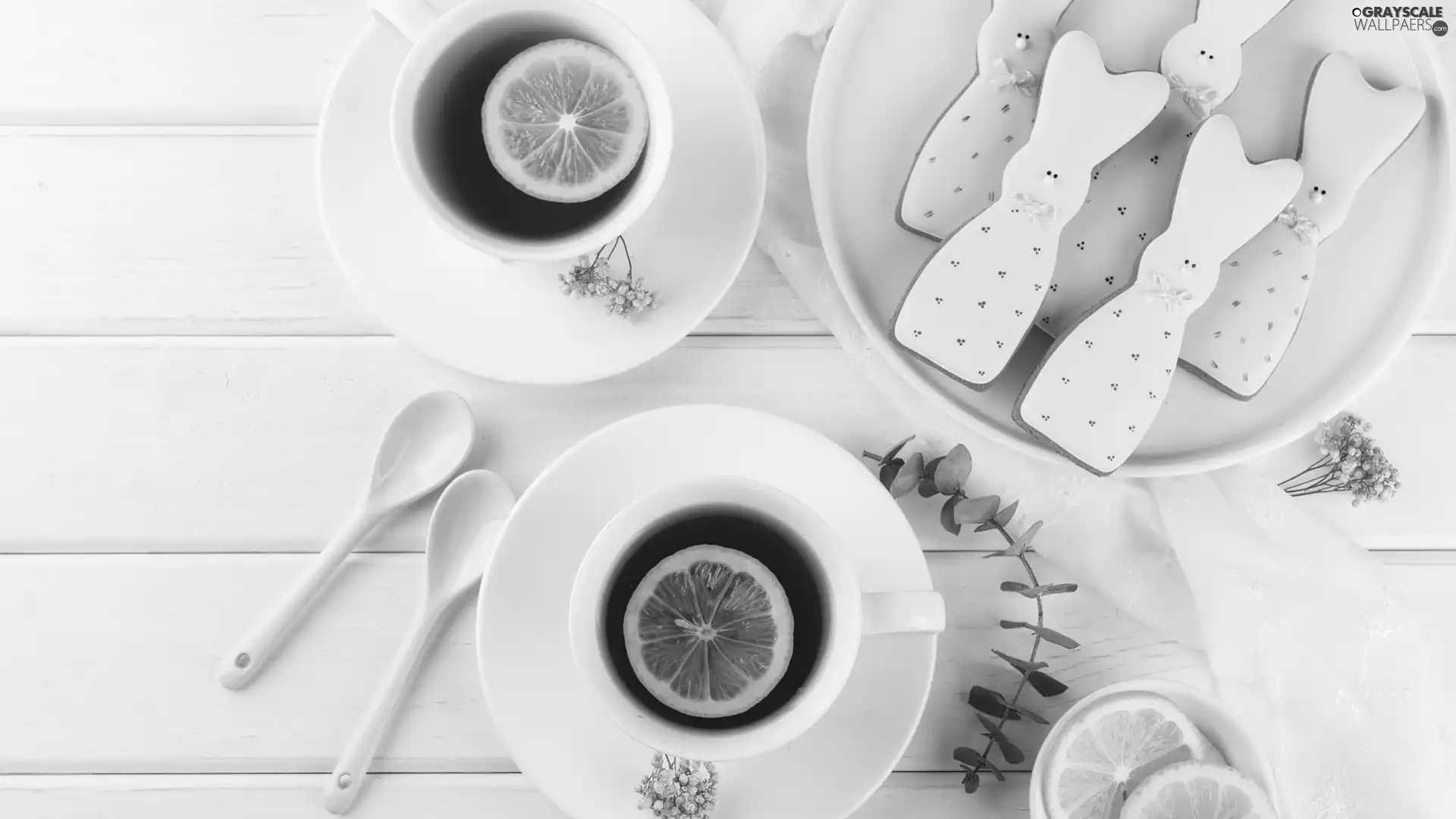 Two cars, tea, cups, Spoons, rabbits, boarding, glace, Cookies, Lemon
