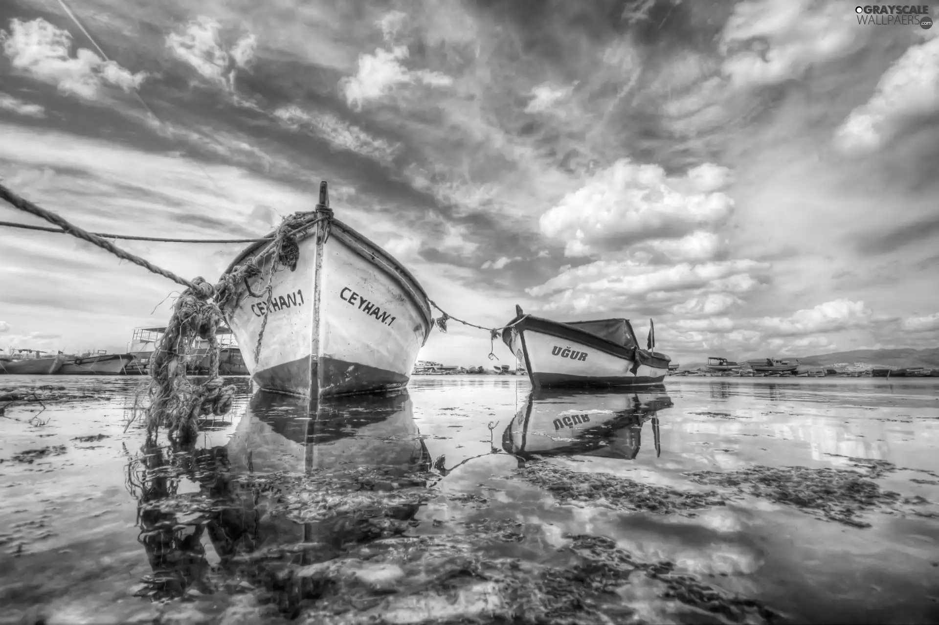 clouds, Beaches, Boats, Sky, sea, Two, reflection