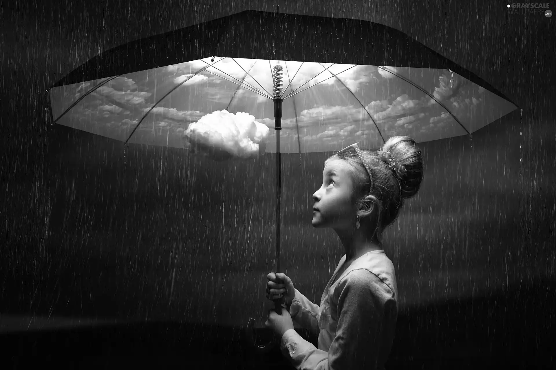 girl, Rain, Umbrella, clouds