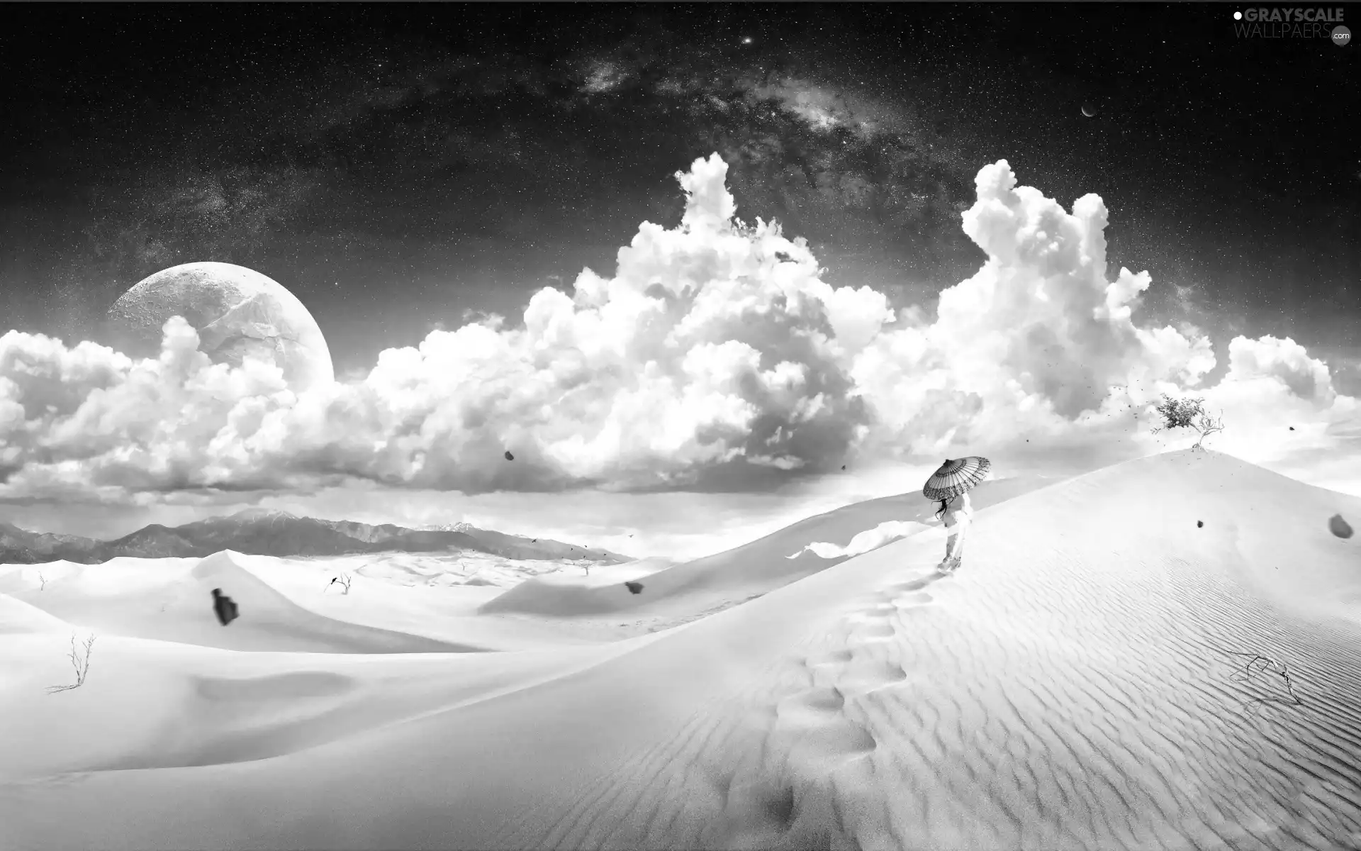 Japanese, umbrella, moon, Dunes, clouds, Women, fantasy, Desert