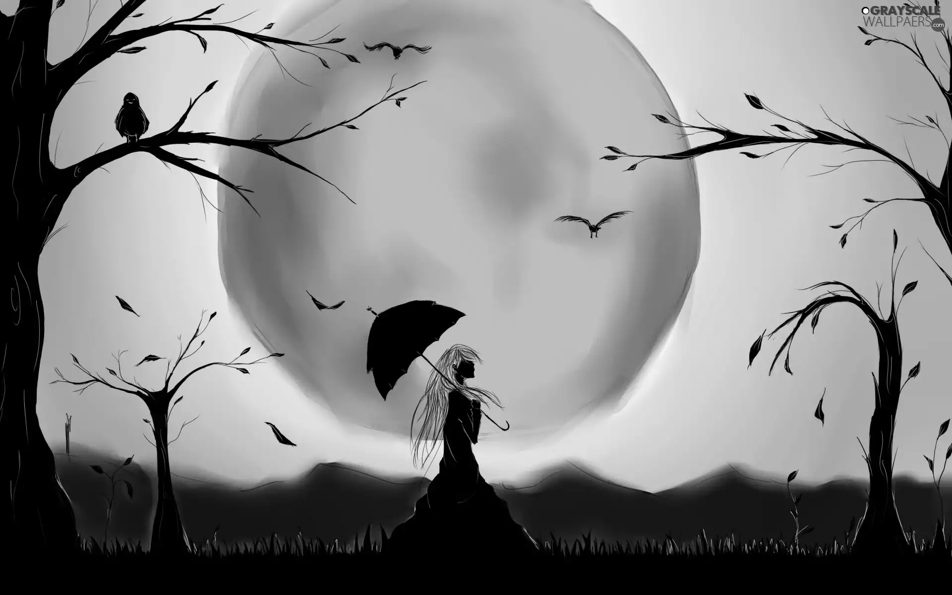 trees, viewes, Women, Umbrella, moon