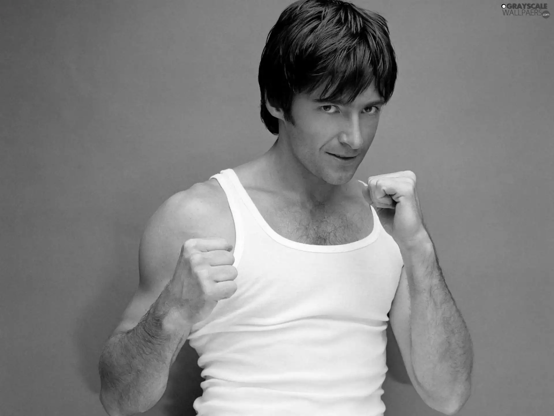 Hugh Jackman, White, under-shirt, fists