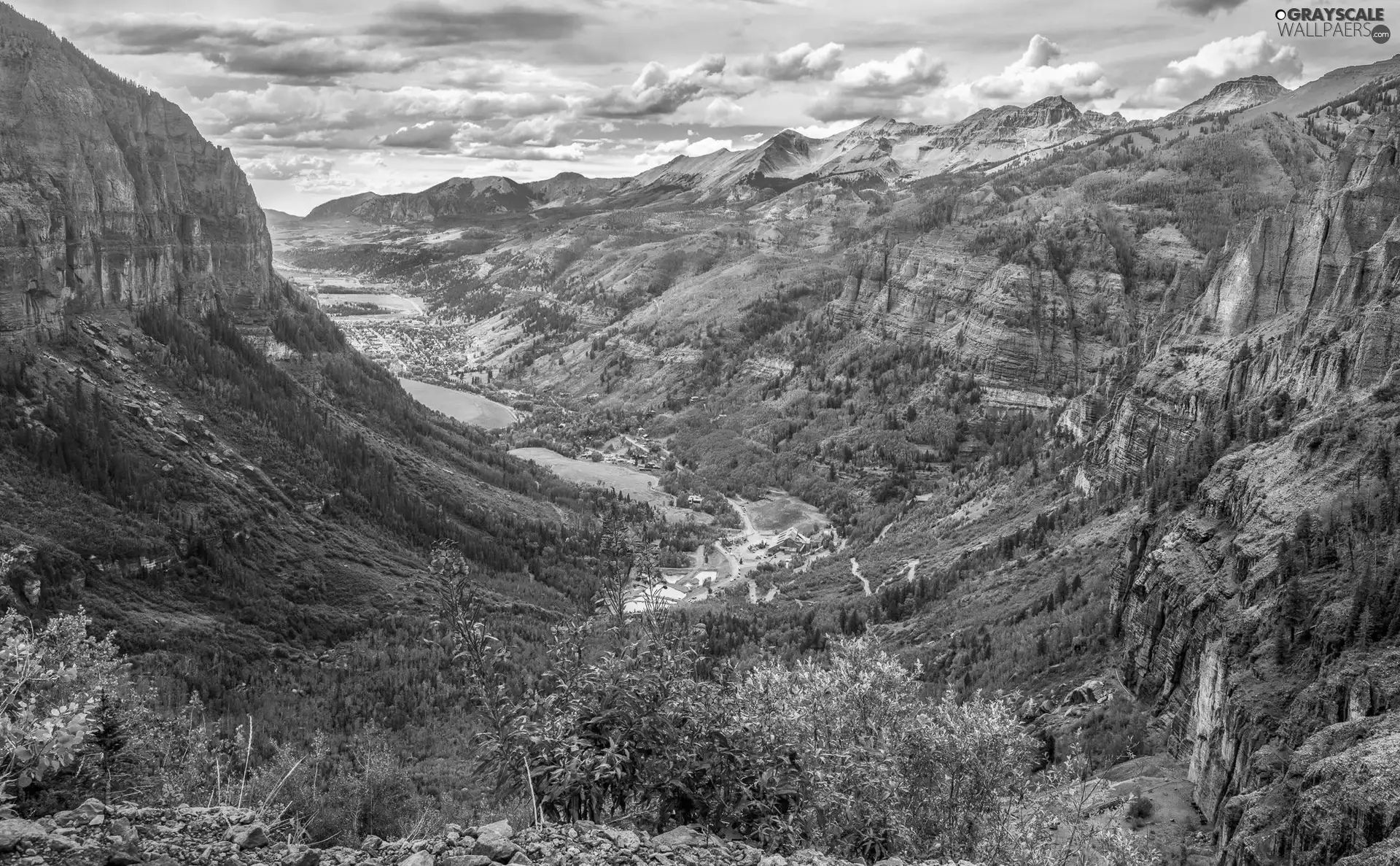 Valley, Mountains, Town, rocks, viewes, clouds, Plants, trees, Flowers