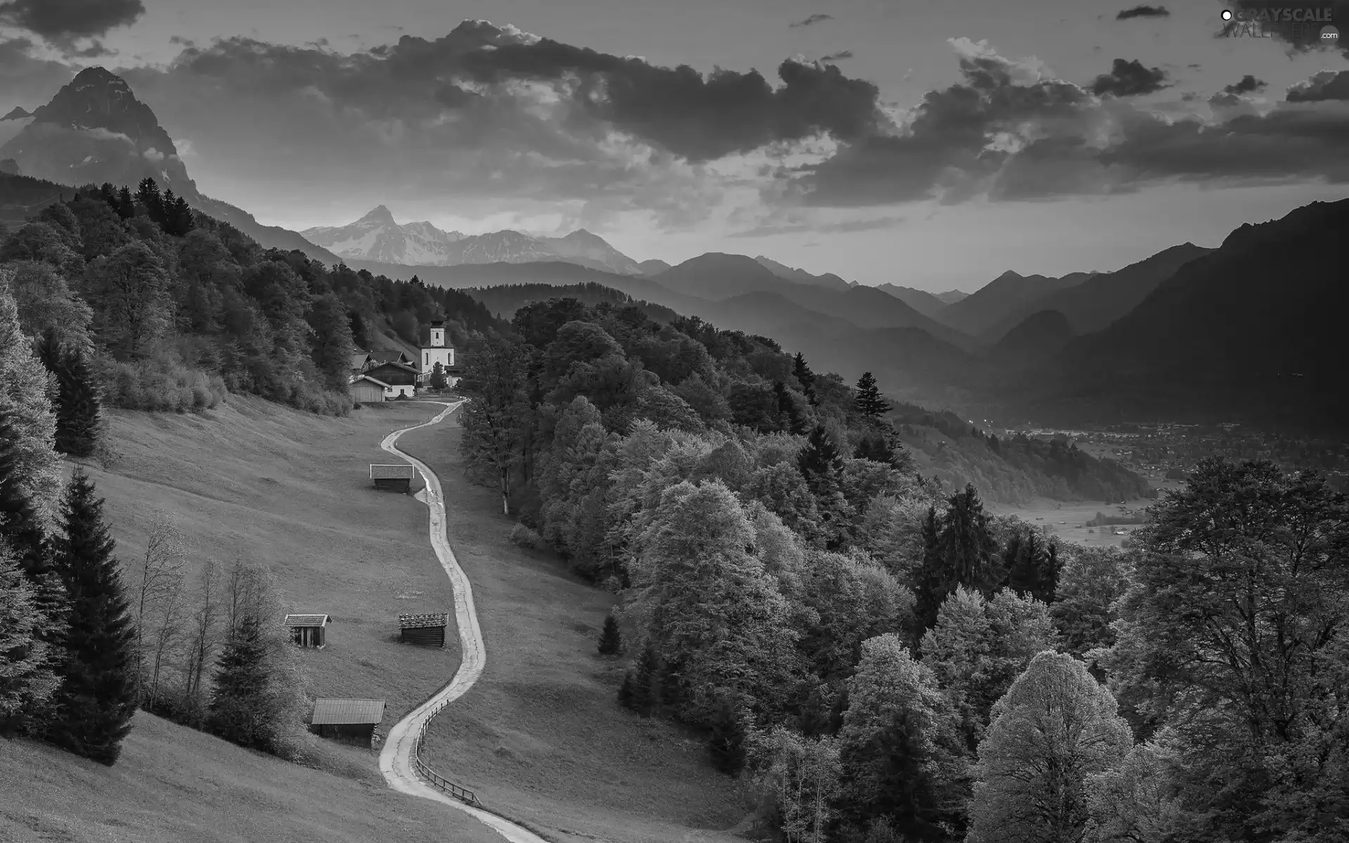 woods, Way, panorama, Mountains, church, Valley, towns