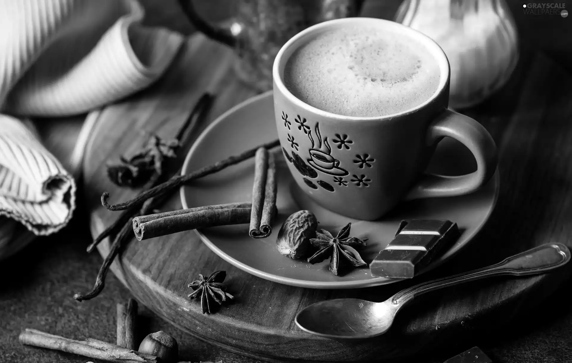 chocolate, cup, teaspoon, cinnamon, coffee, vanilla, board