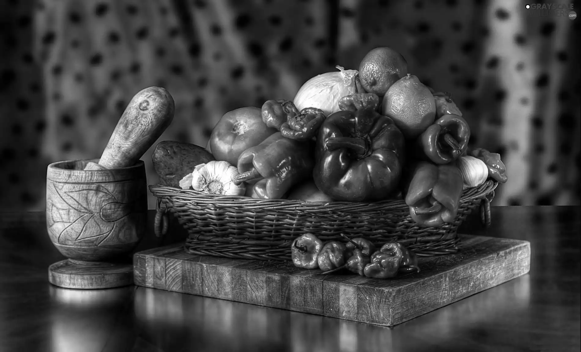 basket, Wooden, mortar, pepper, vegetables, board