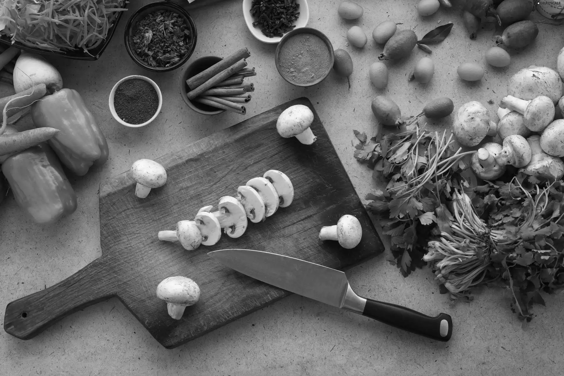 board, mushrooms, spice, vegetables, knife, Mushrooms