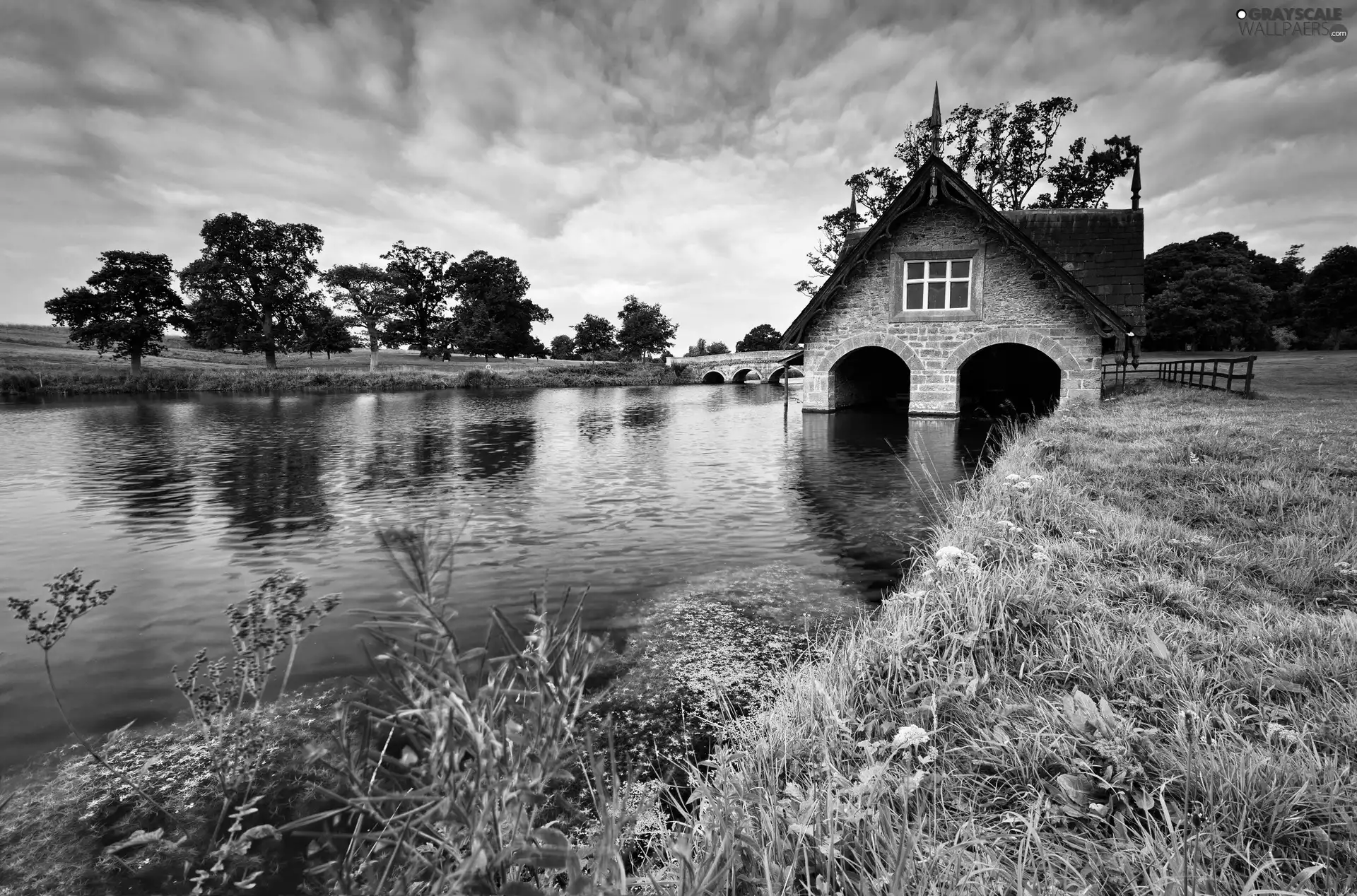 house, River, VEGETATION, bridge