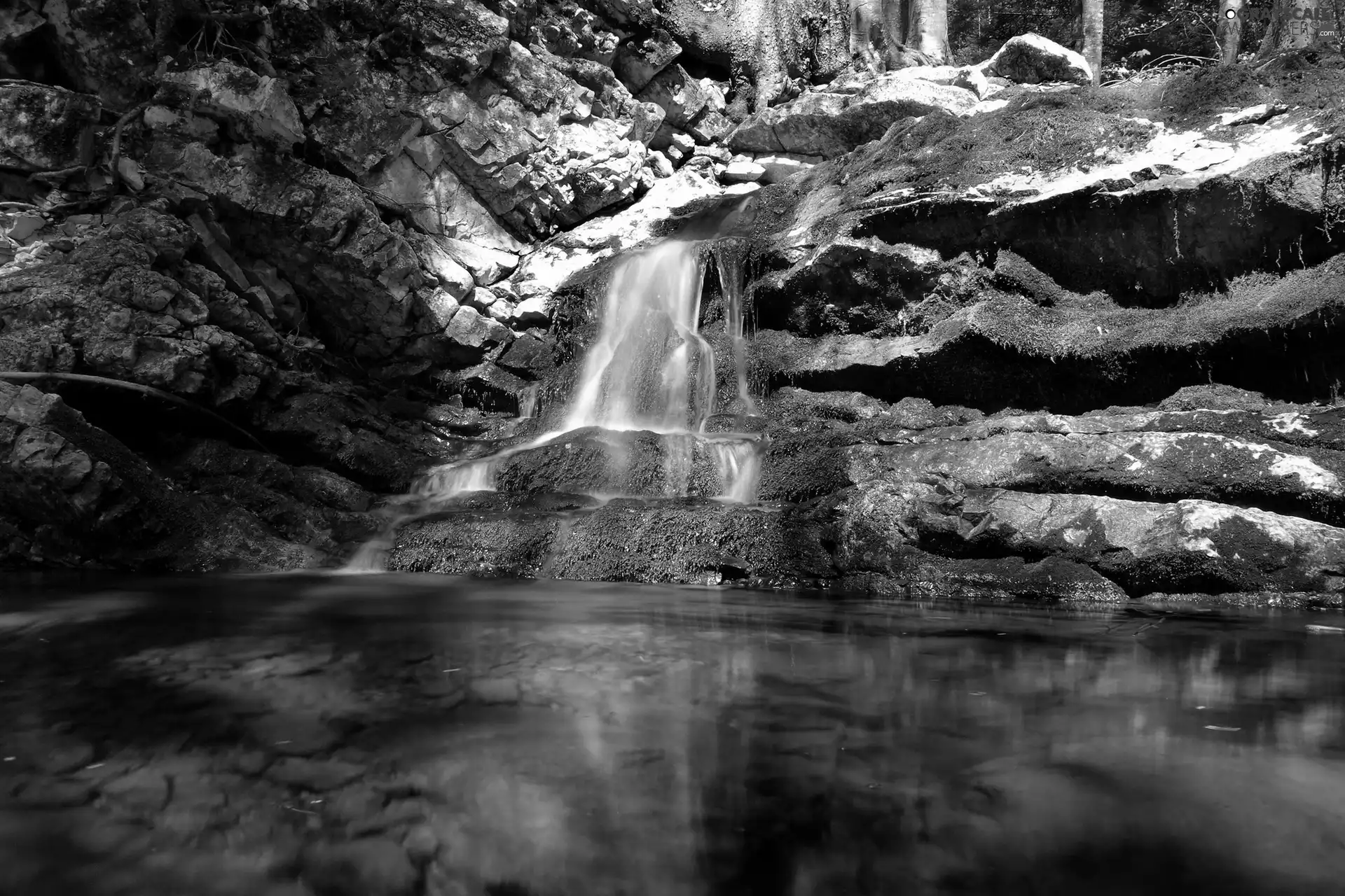 VEGETATION, waterfall, rocks