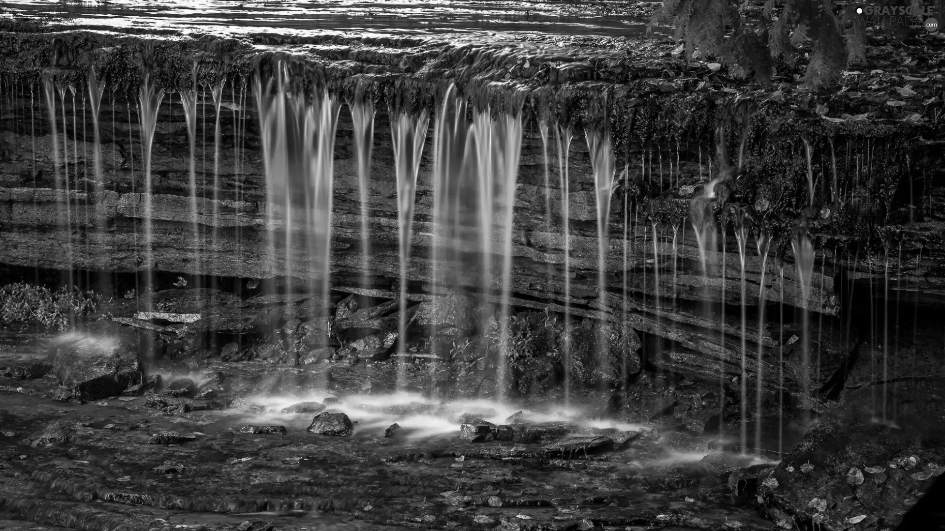 VEGETATION, waterfall, Rocks
