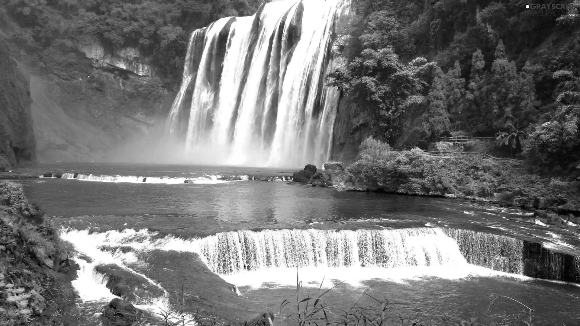 waterfalls, rocks, VEGETATION, Mountains