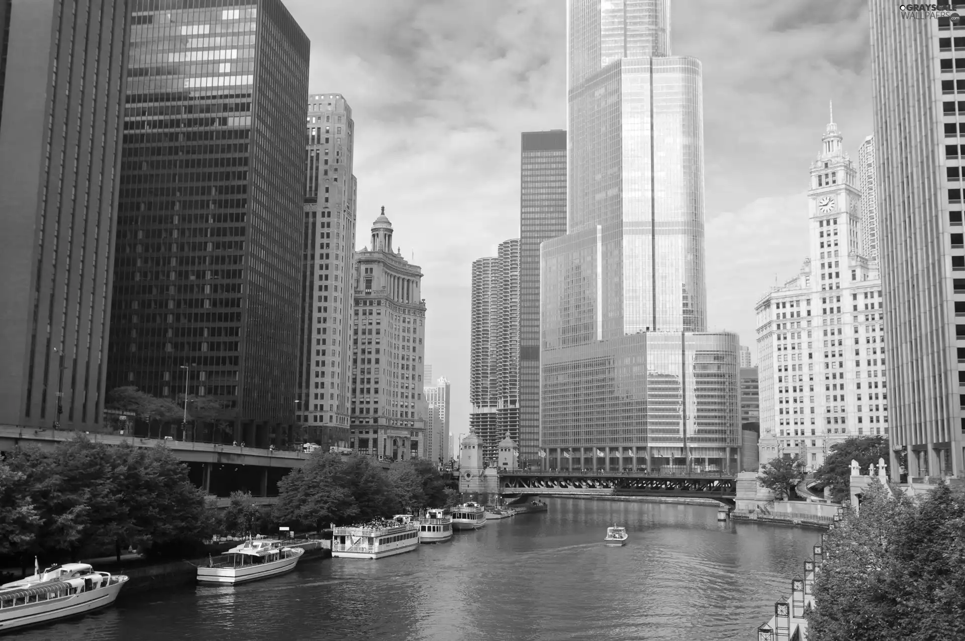 vessels, Tour, skyscrapers, River, Town