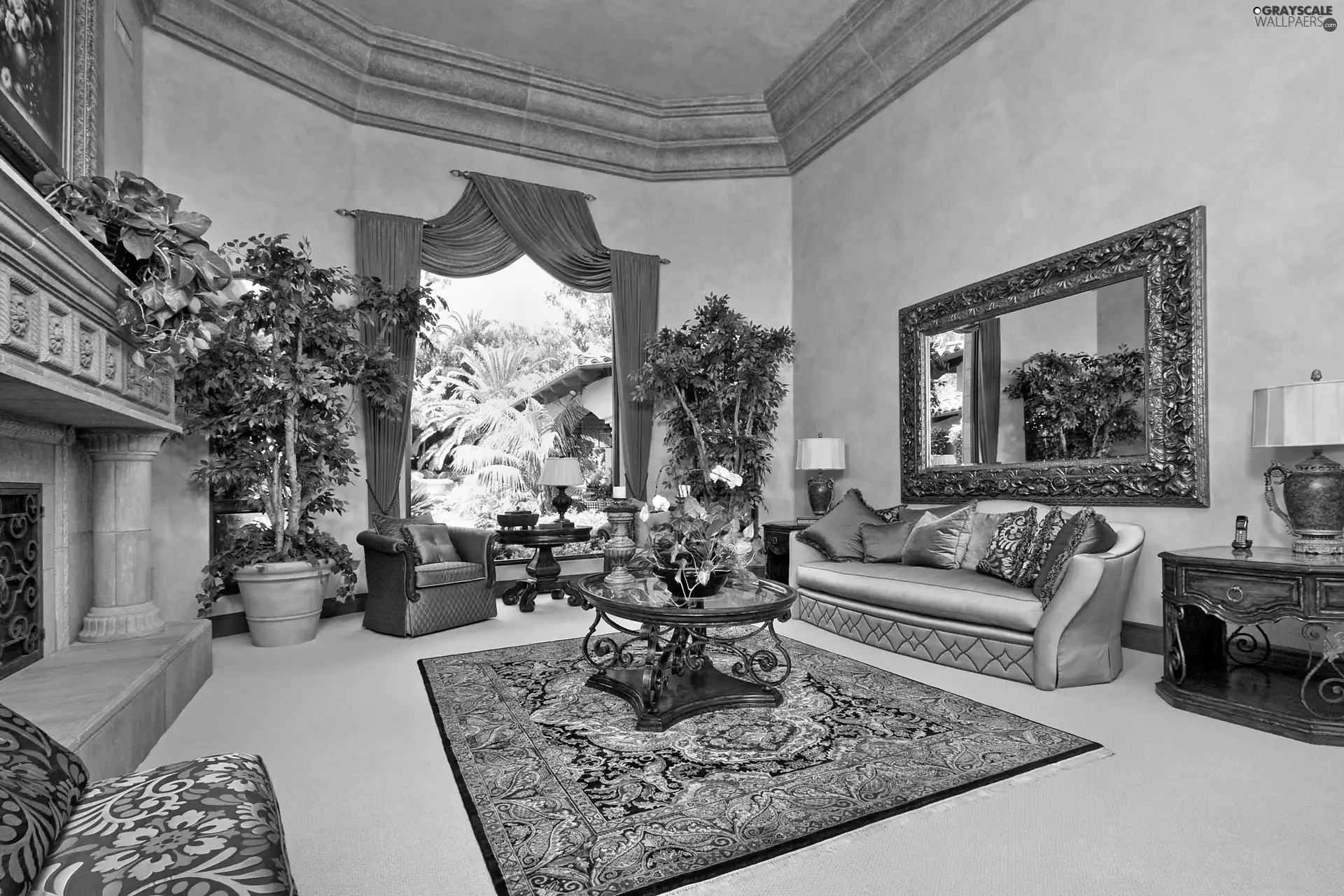 Sofa, saloon, carpet, Mirror, Armchair, Window